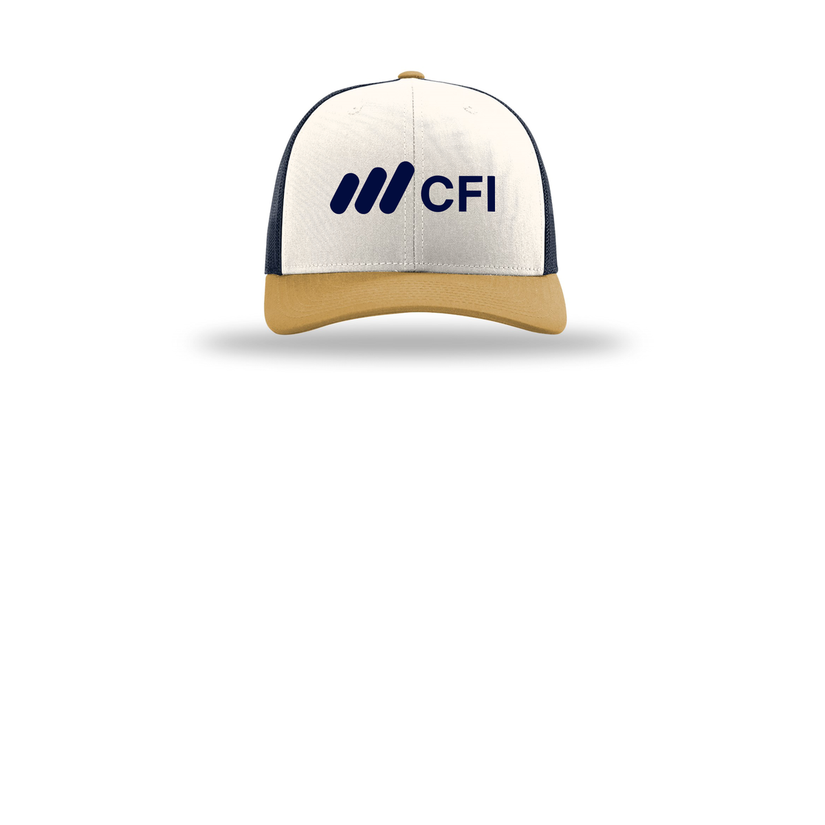 corporatefinanceinstitute-richardson-trucker-cap-embroidery-capfront-R112-creamnavyambergold-flat-front