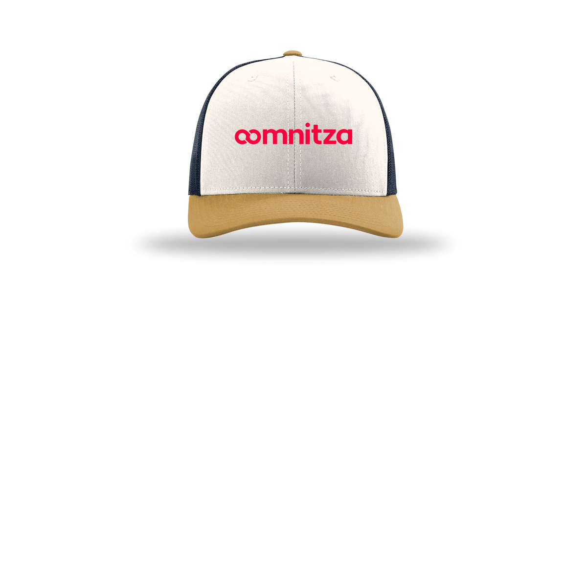 oomnitza-richardson-trucker-cap-embroidery-capfront-R112-creamnavyambergold-flat-front