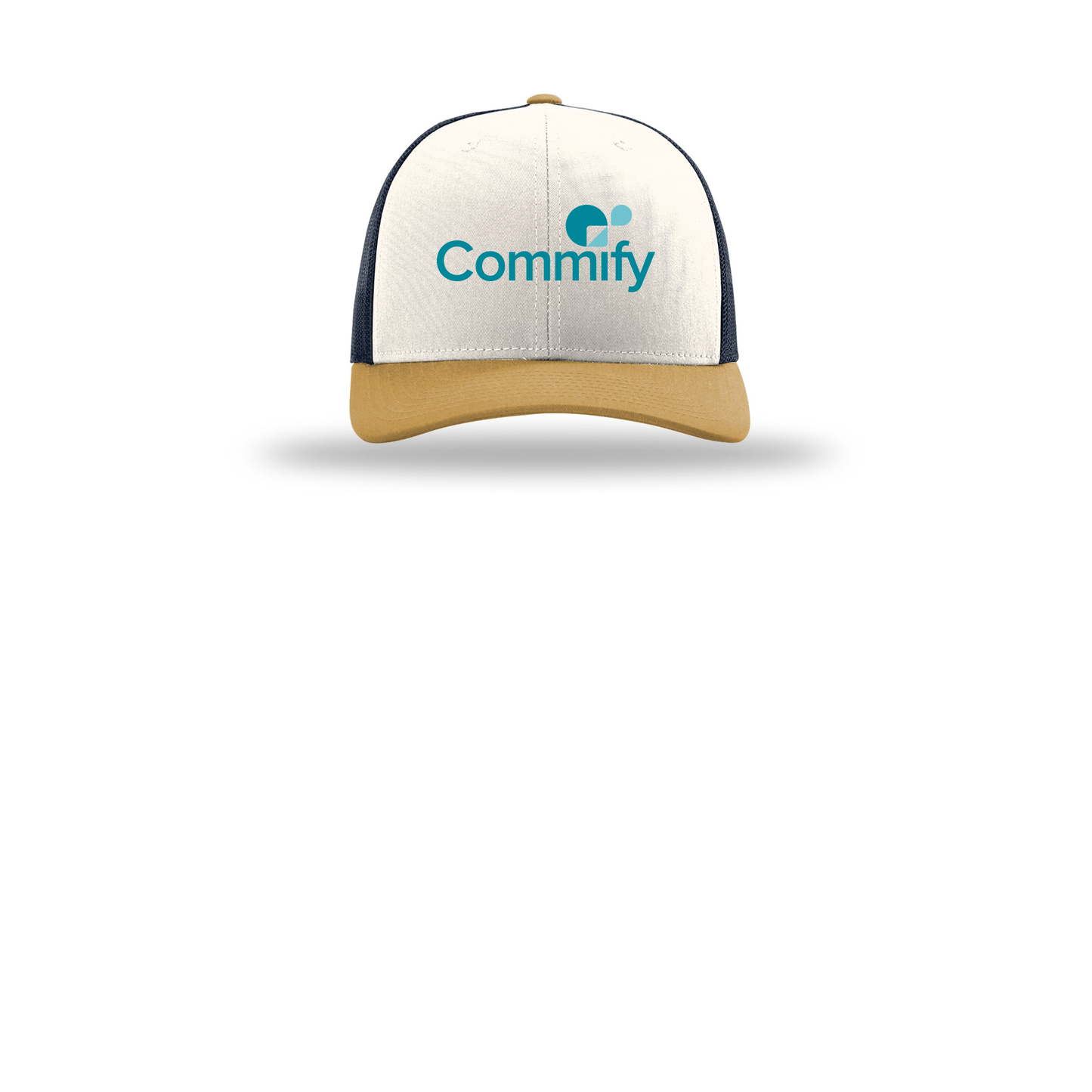 commify-richardson-trucker-cap-embroidery-capfront-R112-creamnavyambergold-flat-front