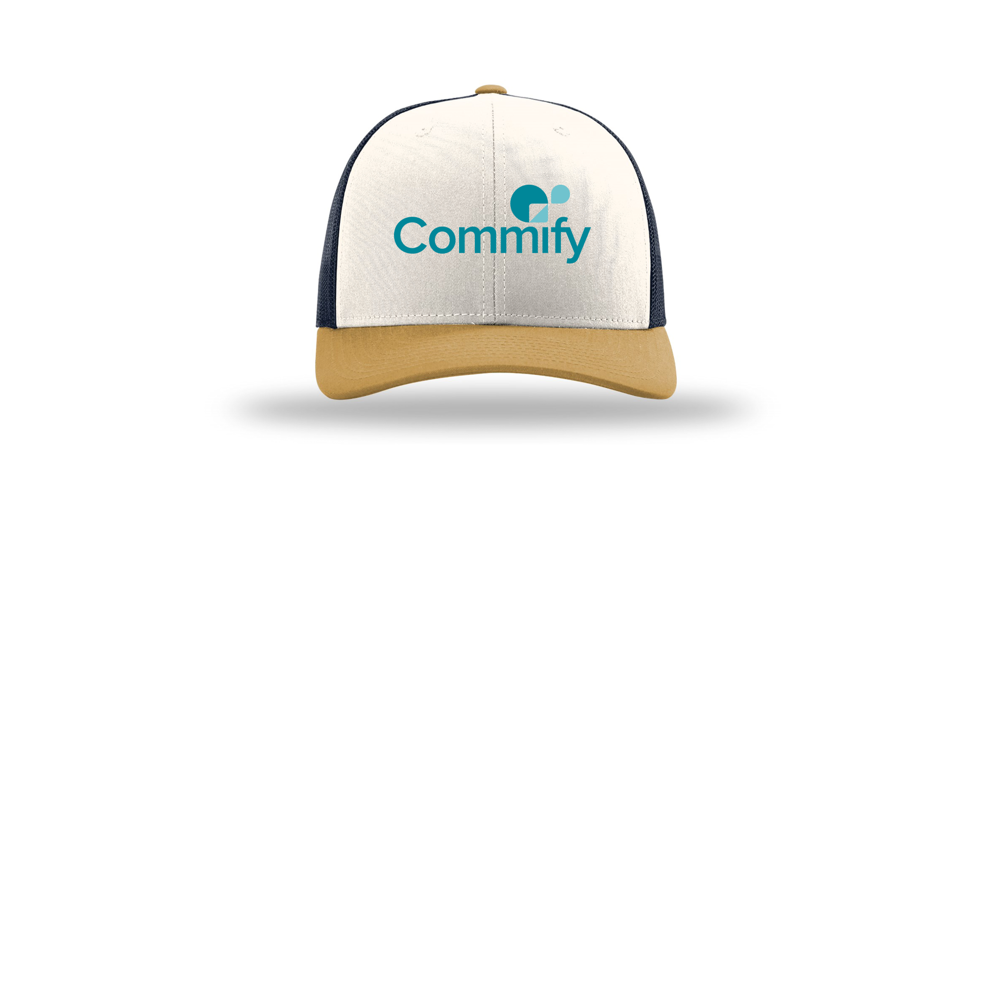 commify-richardson-trucker-cap-embroidery-capfront-R112-creamnavyambergold-flat-front
