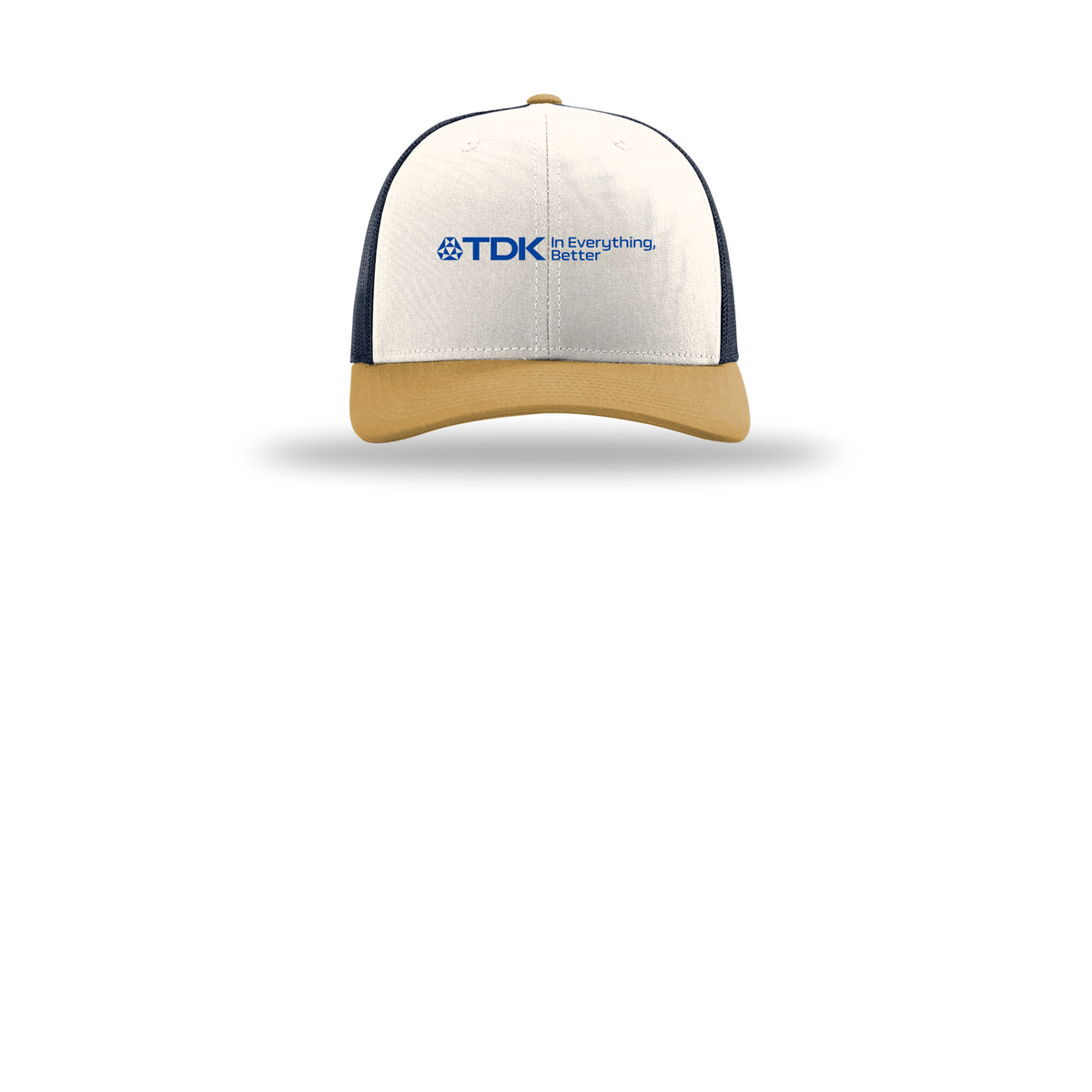 tdk-richardson-trucker-cap-embroidery-capfront-R112-creamnavyambergold-flat-front