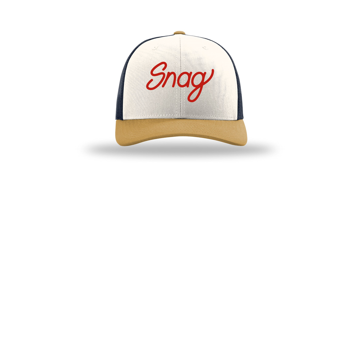 snagdelivery-richardson-trucker-cap-embroidery-capfront-R112-creamnavyambergold-flat-front