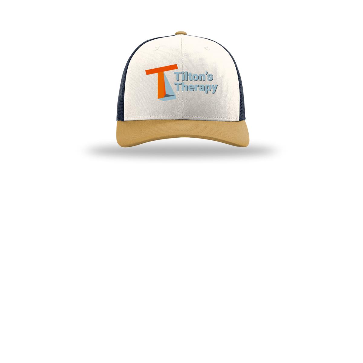 tiltonstherapy-richardson-trucker-cap-embroidery-capfront-R112-creamnavyambergold-flat-front