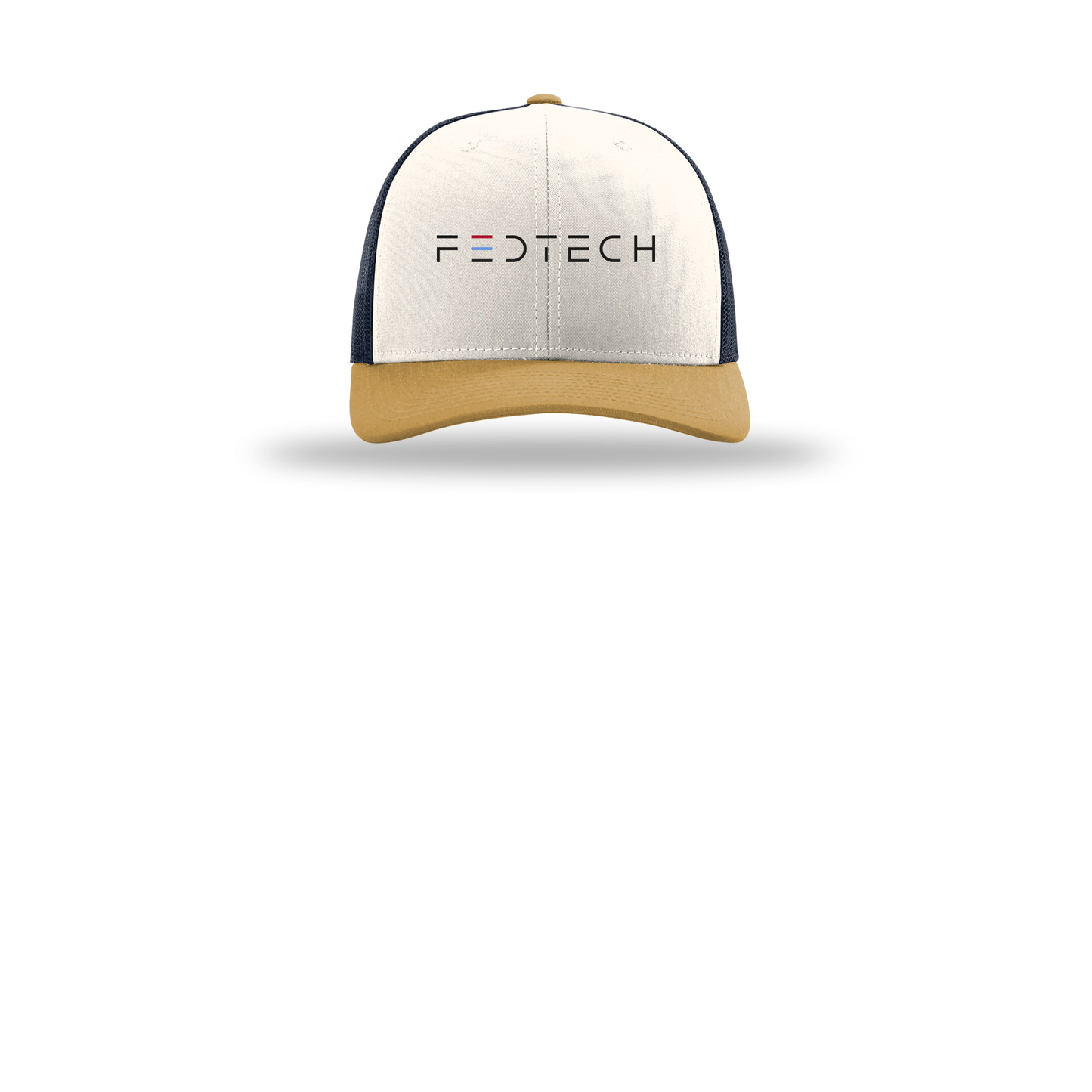 fedtech-richardson-trucker-cap-embroidery-capfront-R112-creamnavyambergold-flat-front