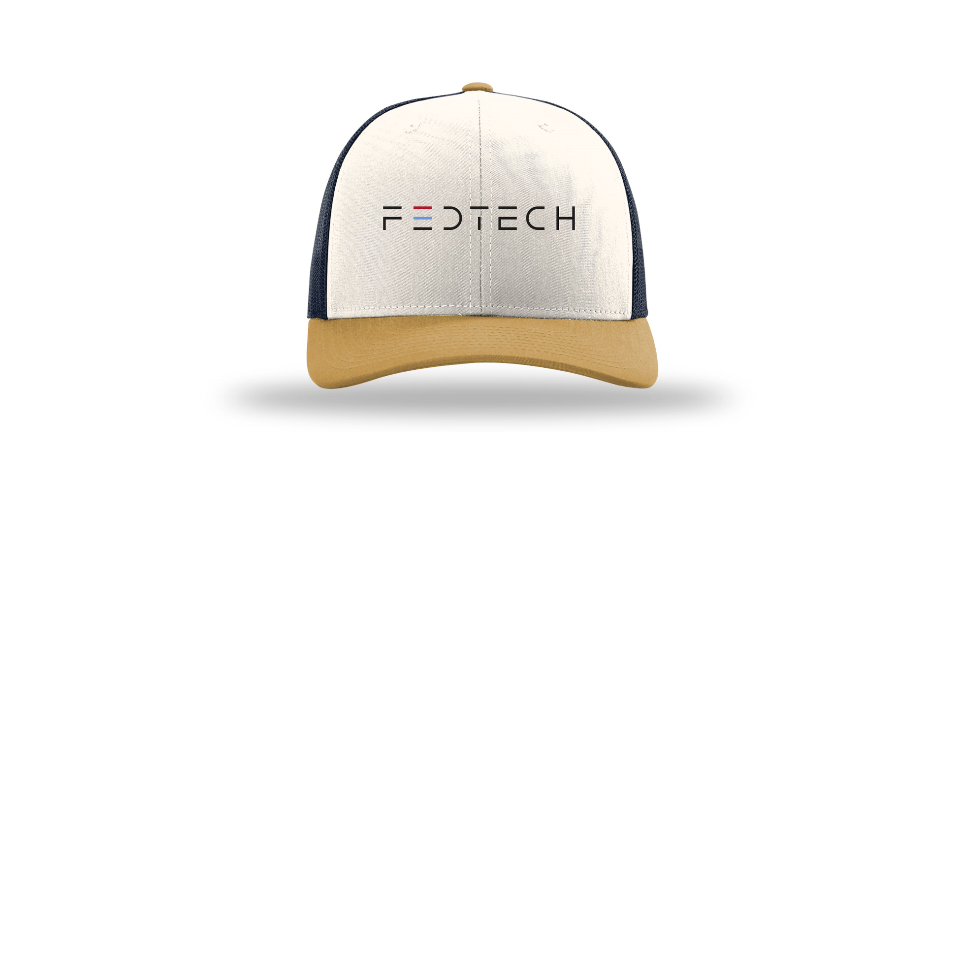 fedtech-richardson-trucker-cap-embroidery-capfront-R112-creamnavyambergold-flat-front