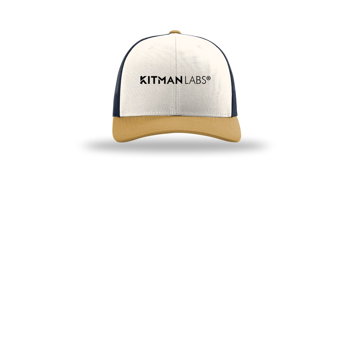 kitmanlabs-richardson-trucker-cap-embroidery-capfront-R112-creamnavyambergold-flat-front