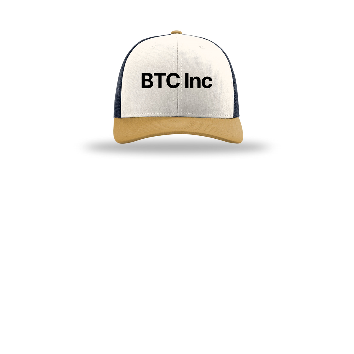 btc-richardson-trucker-cap-embroidery-capfront-R112-creamnavyambergold-flat-front
