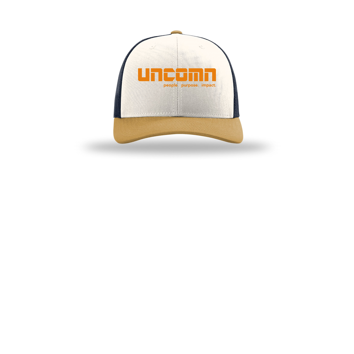 uncomn-richardson-trucker-cap-embroidery-capfront-R112-creamnavyambergold-flat-front