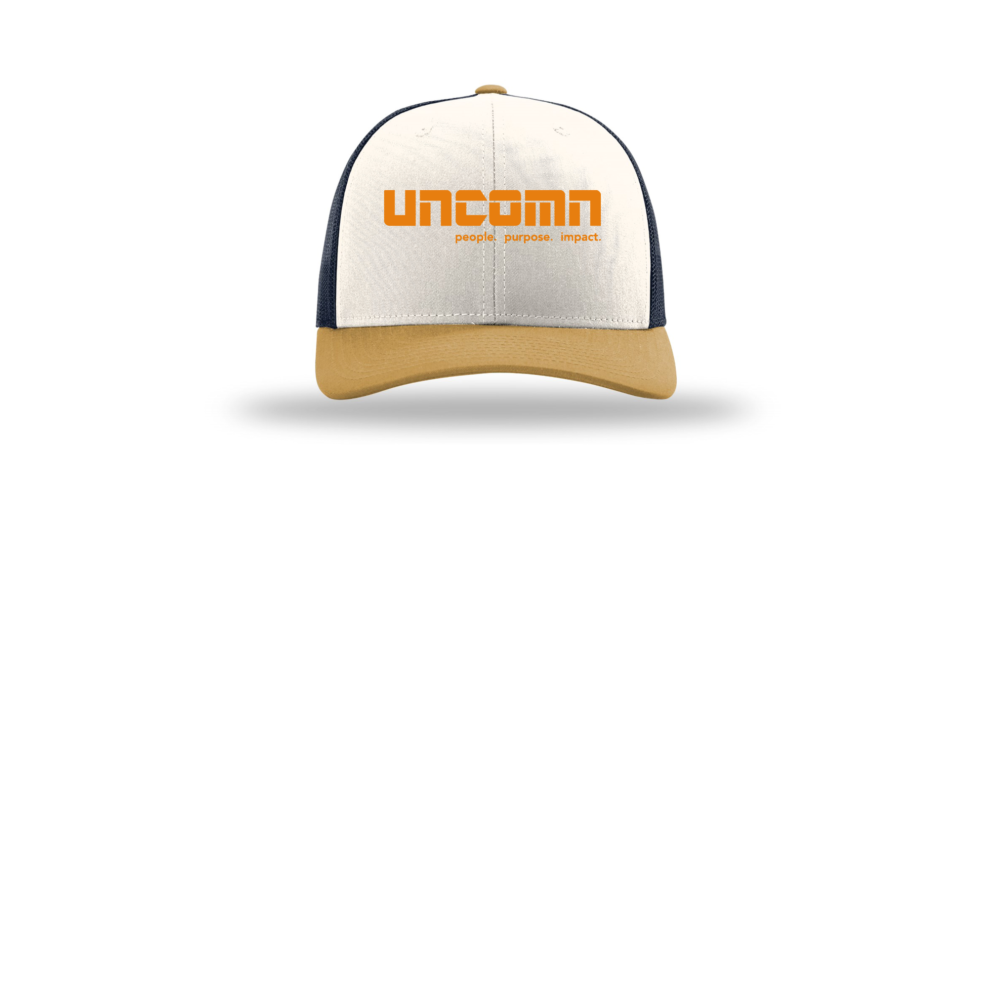 uncomn-richardson-trucker-cap-embroidery-capfront-R112-creamnavyambergold-flat-front
