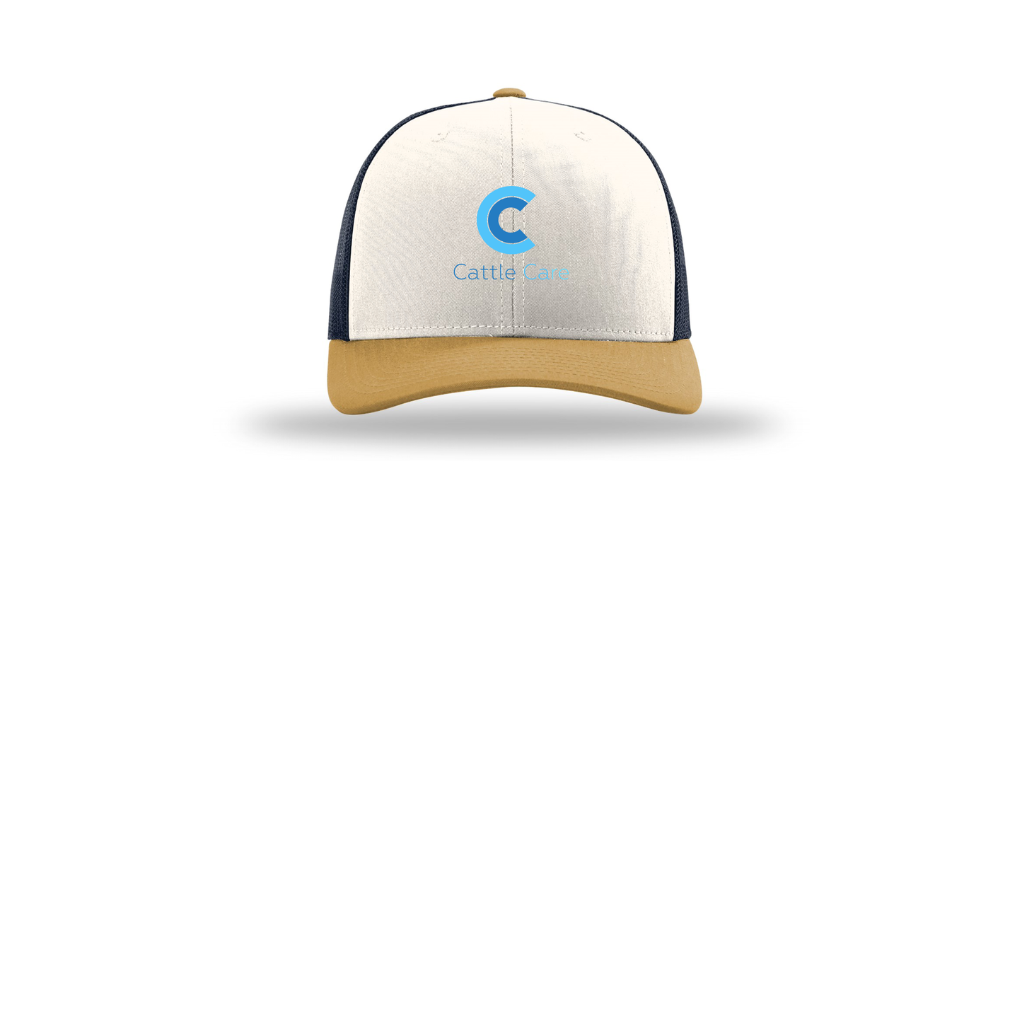 cattle-care-richardson-trucker-cap-embroidery-capfront-R112-creamnavyambergold-flat-front