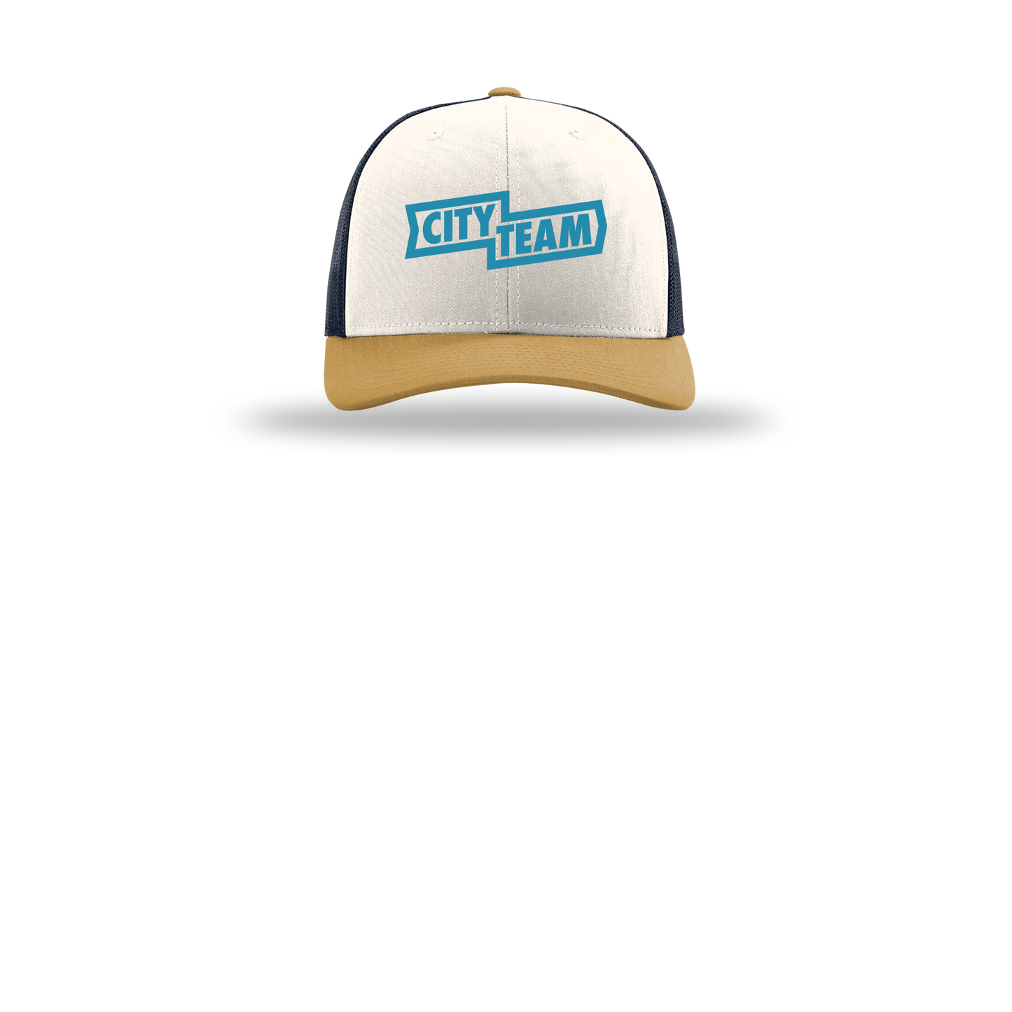 cityteam-richardson-trucker-cap-embroidery-capfront-R112-creamnavyambergold-flat-front