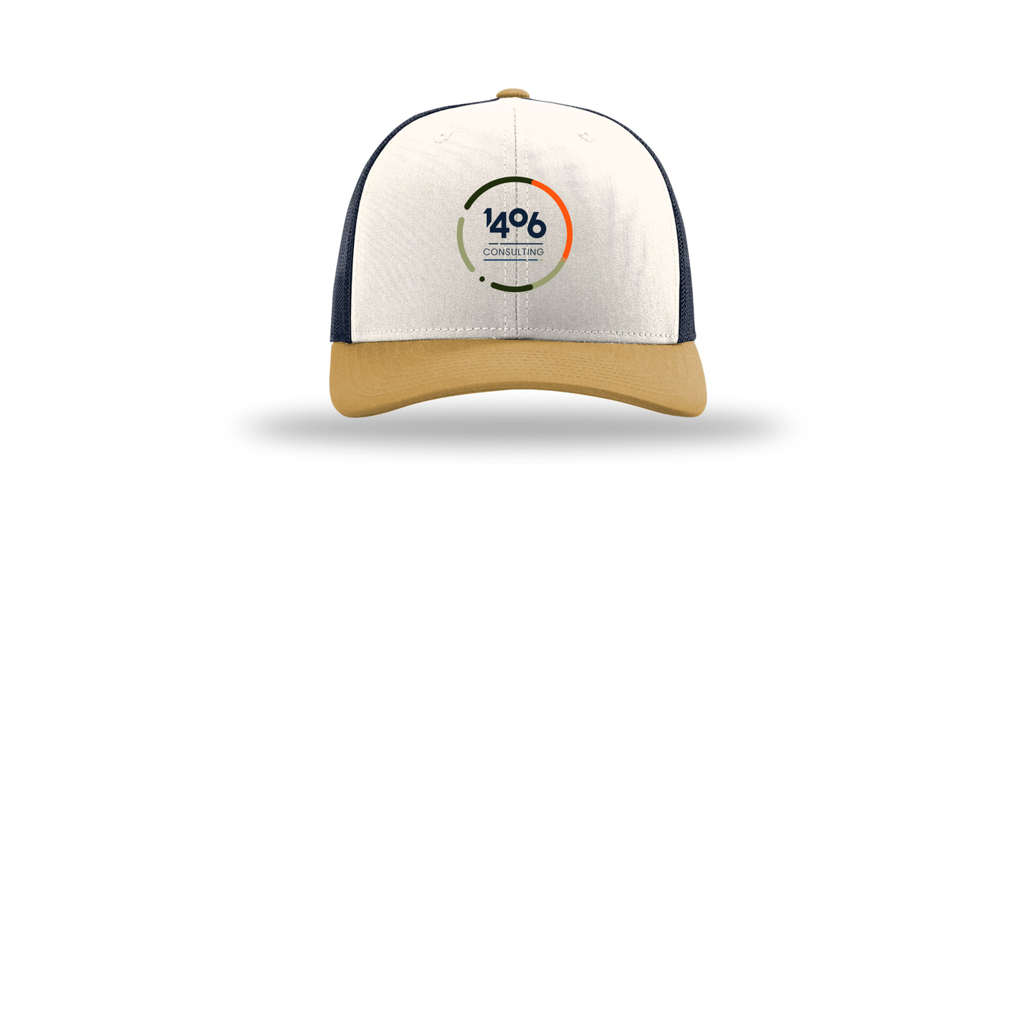 1406consulting-richardson-trucker-cap-embroidery-capfront-R112-creamnavyambergold-flat-front
