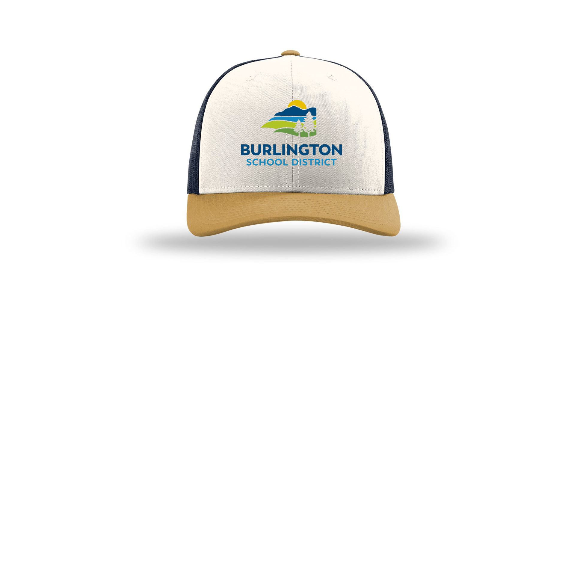 bsdvt-richardson-trucker-cap-embroidery-capfront-R112-creamnavyambergold-flat-front