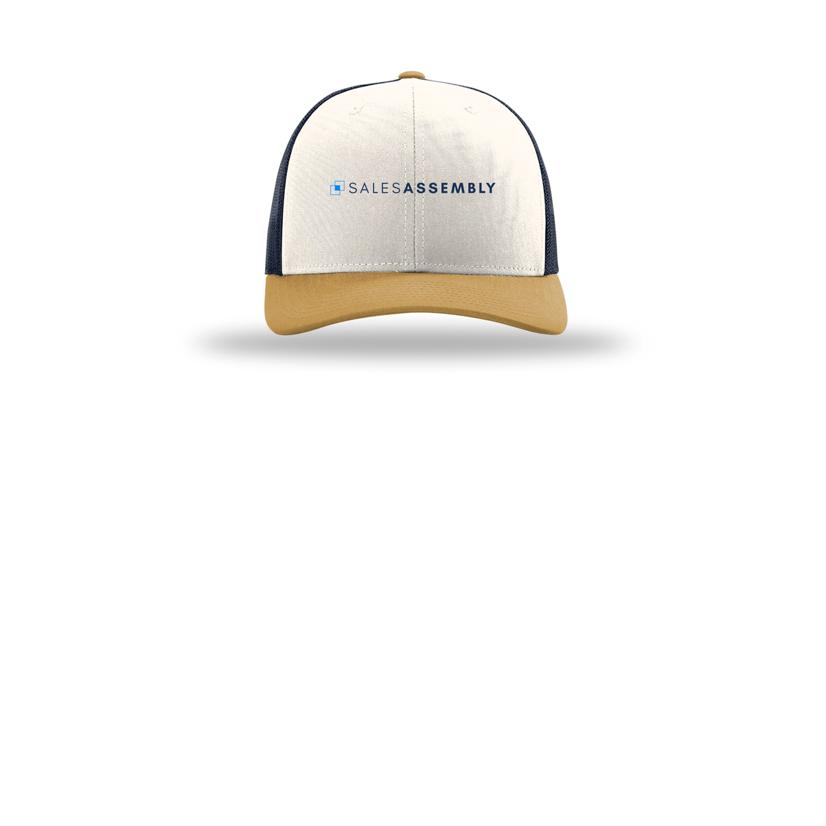 salesassembly-richardson-trucker-cap-embroidery-capfront-R112-creamnavyambergold-flat-front