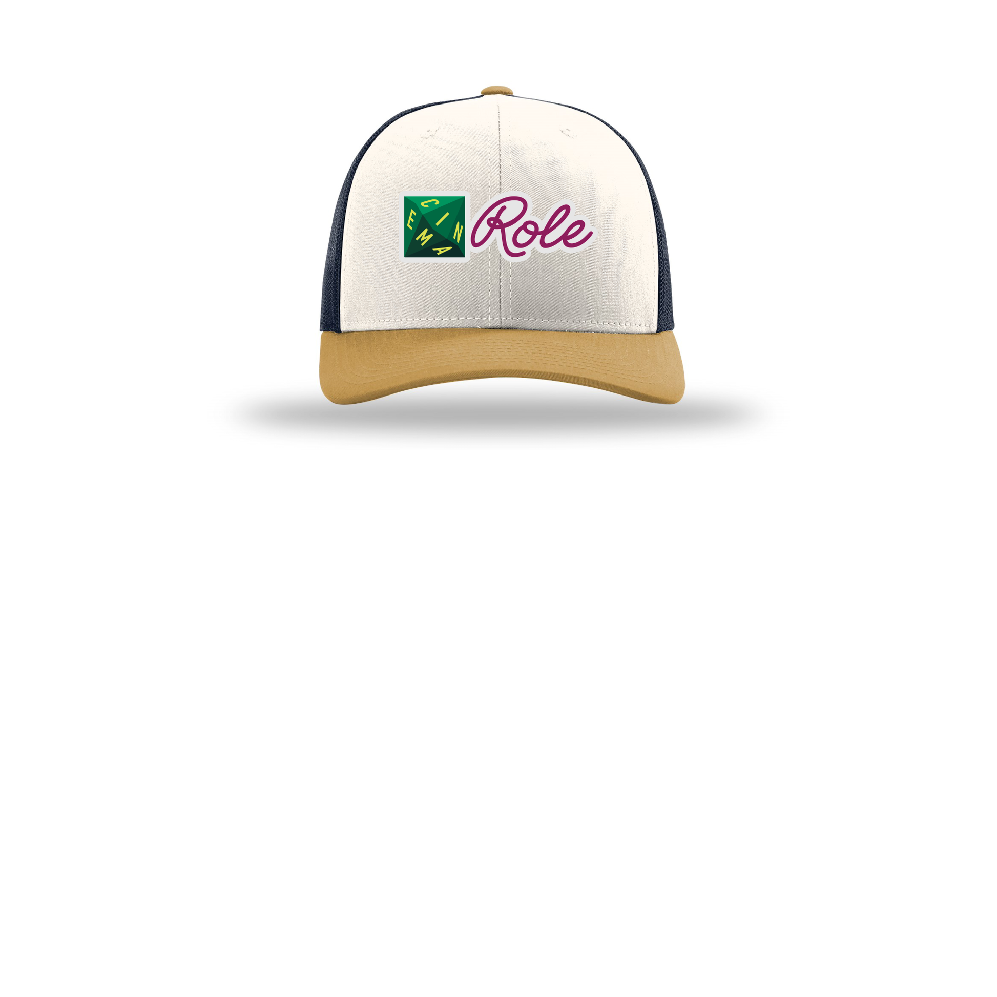 cinemarole-richardson-trucker-cap-embroidery-capfront-R112-creamnavyambergold-flat-front