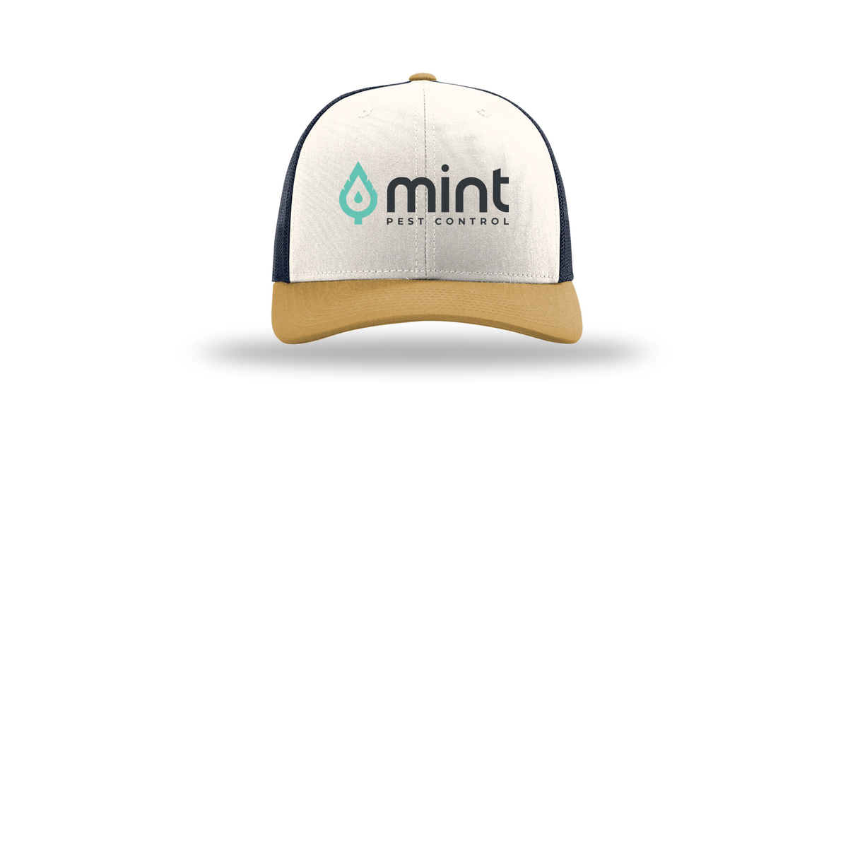 mintpest-richardson-trucker-cap-embroidery-capfront-R112-creamnavyambergold-flat-front
