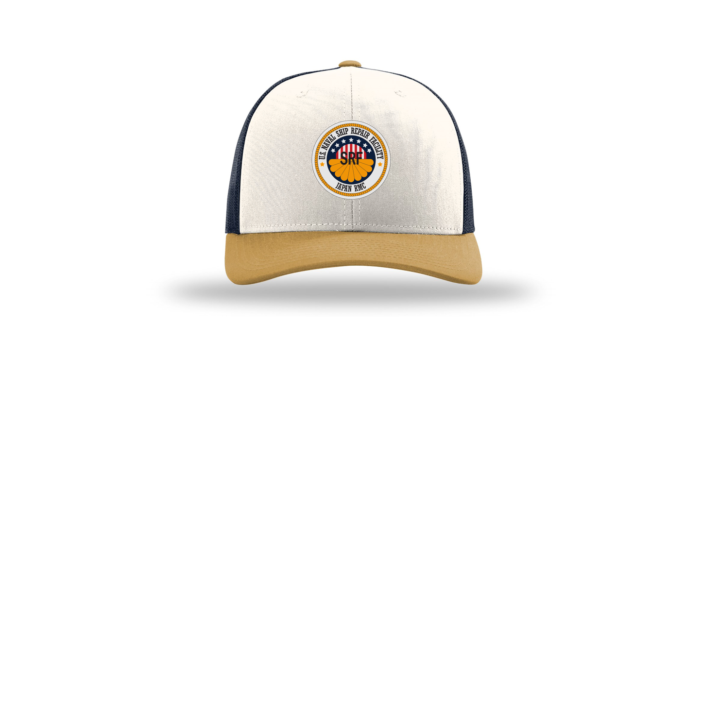 srf-jrmc-richardson-trucker-cap-embroidery-capfront-R112-creamnavyambergold-flat-front