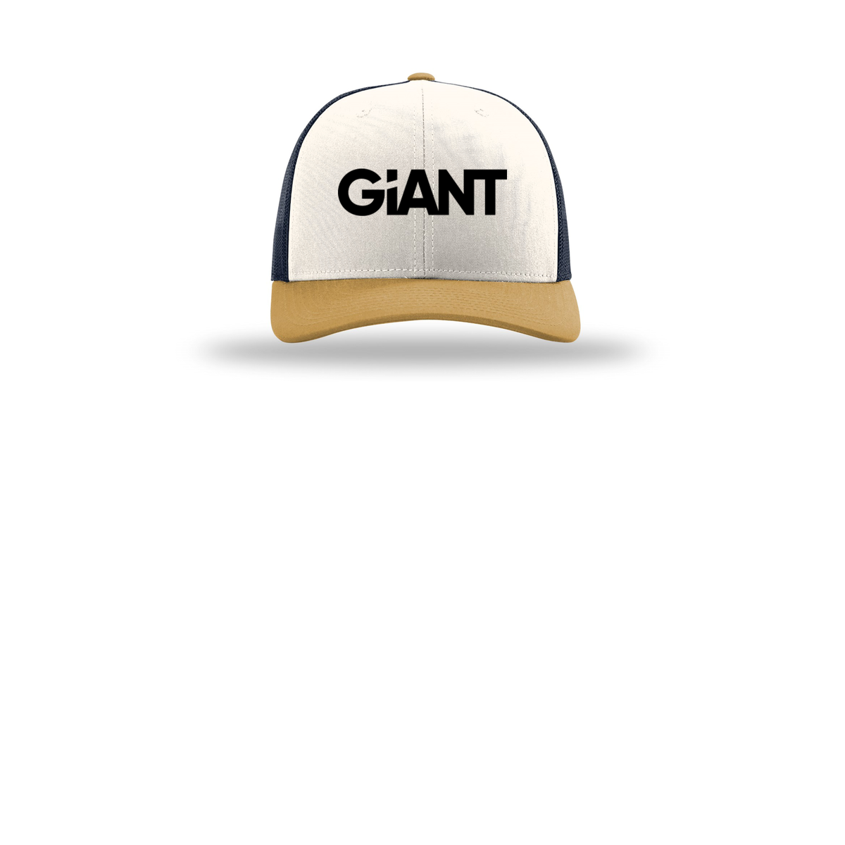 giantworldwide-richardson-trucker-cap-embroidery-capfront-R112-creamnavyambergold-flat-front