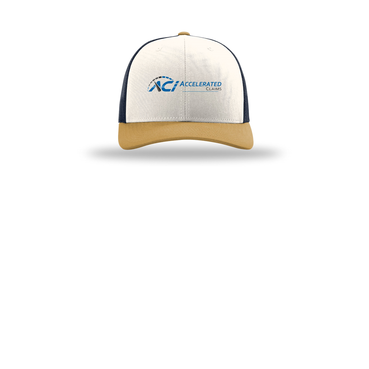 accelclaims-richardson-trucker-cap-embroidery-capfront-R112-creamnavyambergold-flat-front