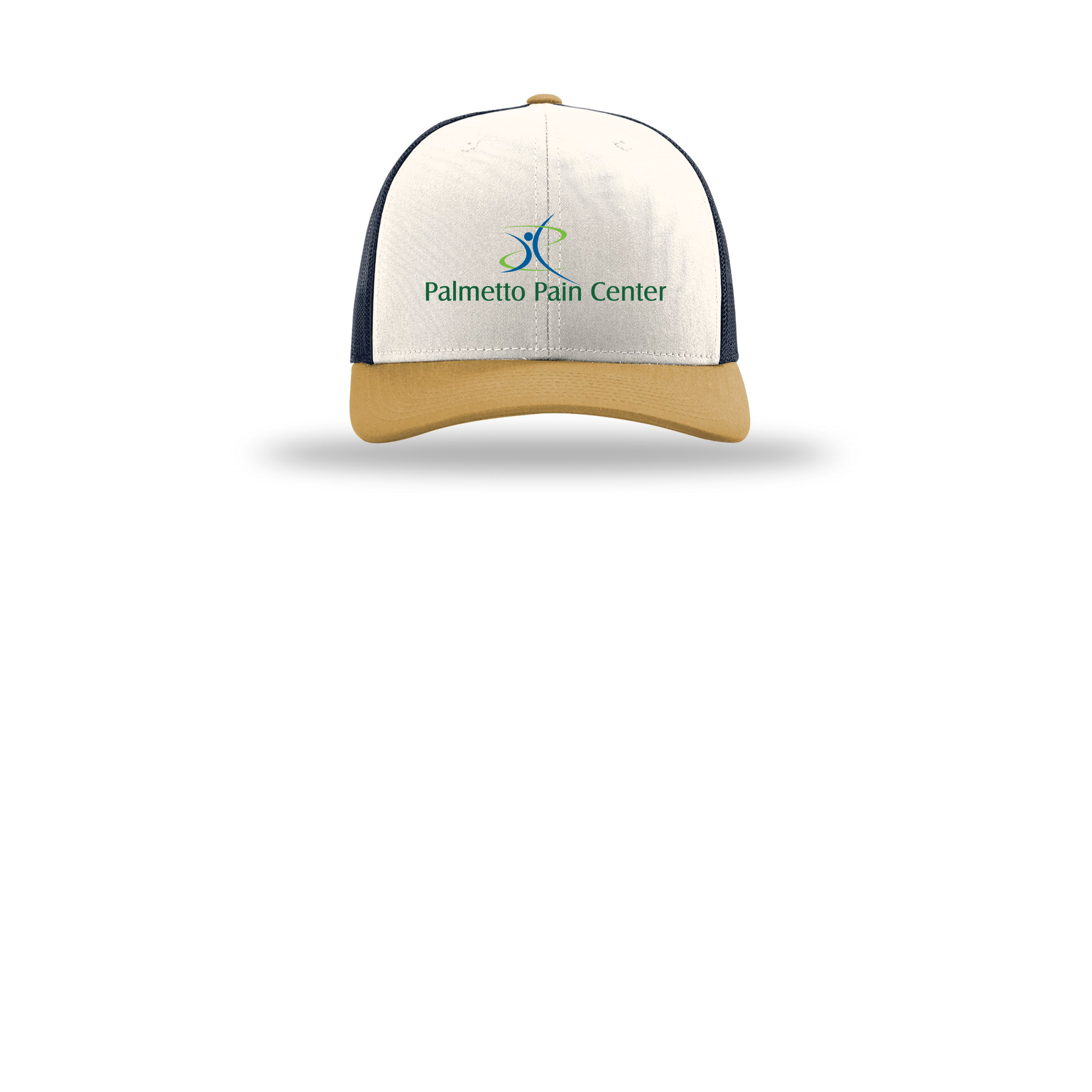 palmetto-pain-center-richardson-trucker-cap-embroidery-capfront-R112-creamnavyambergold-flat-front