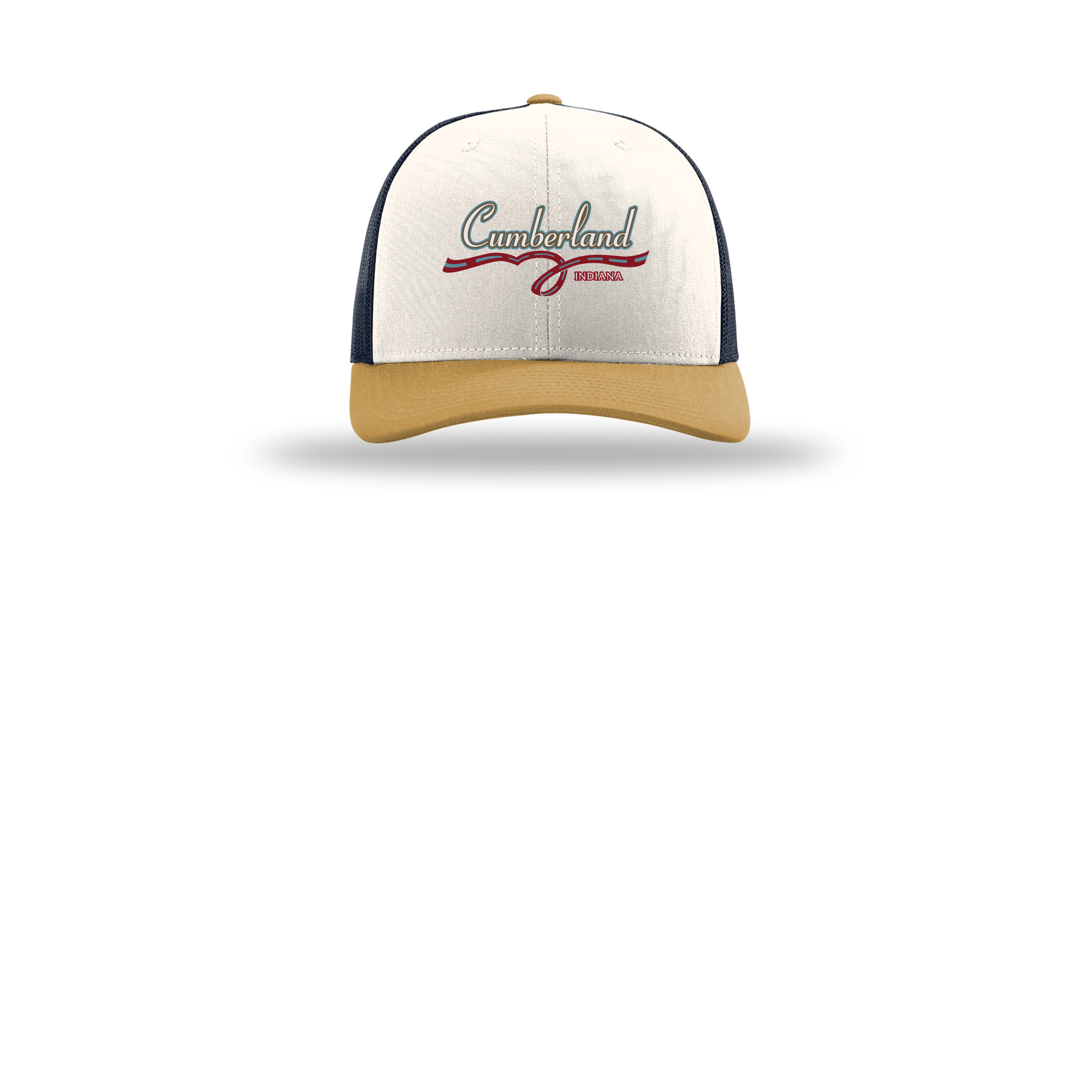 cumberland-richardson-trucker-cap-embroidery-capfront-R112-creamnavyambergold-flat-front