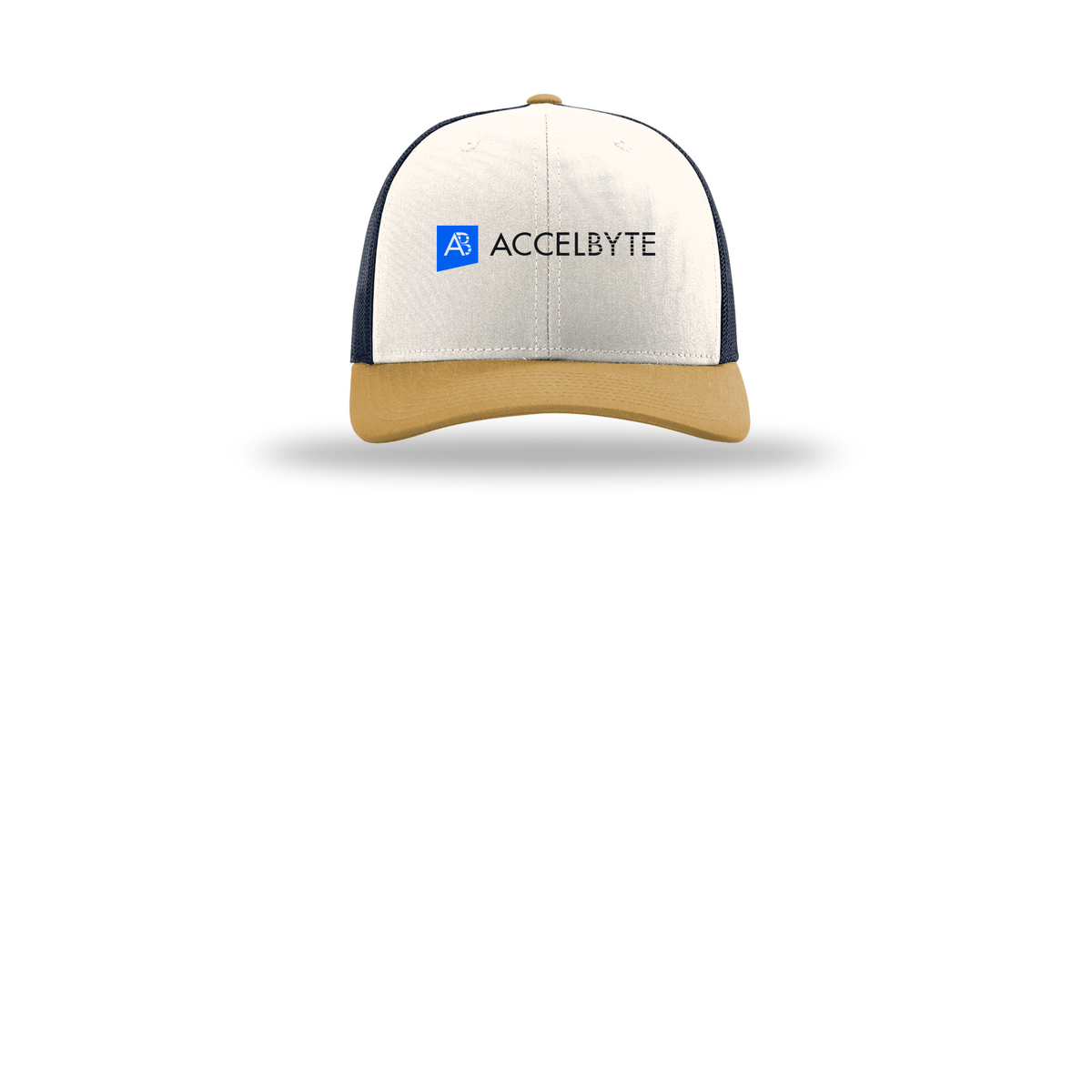 accelbyte-richardson-trucker-cap-embroidery-capfront-R112-creamnavyambergold-flat-front
