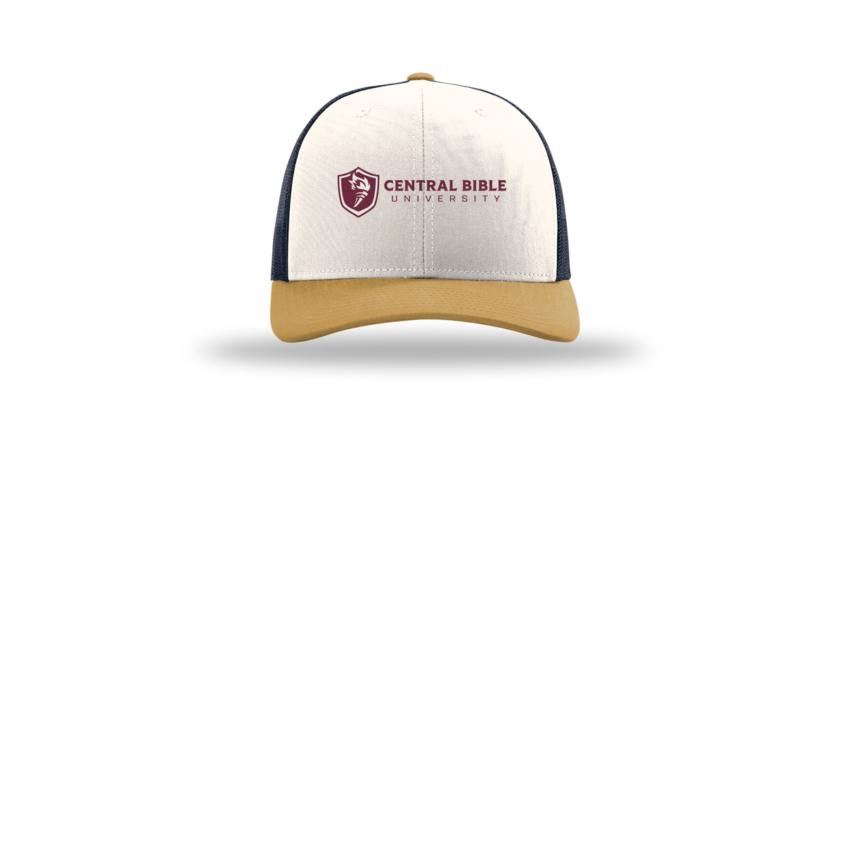 centralbible-richardson-trucker-cap-embroidery-capfront-R112-creamnavyambergold-flat-front