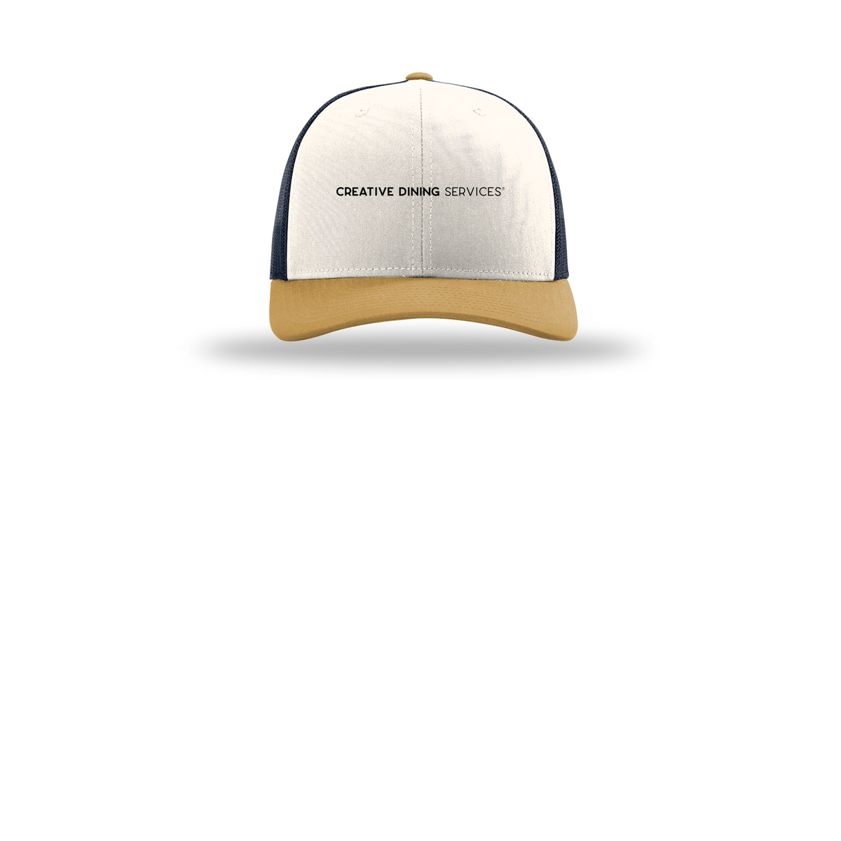 creativedining-richardson-trucker-cap-embroidery-capfront-R112-creamnavyambergold-flat-front