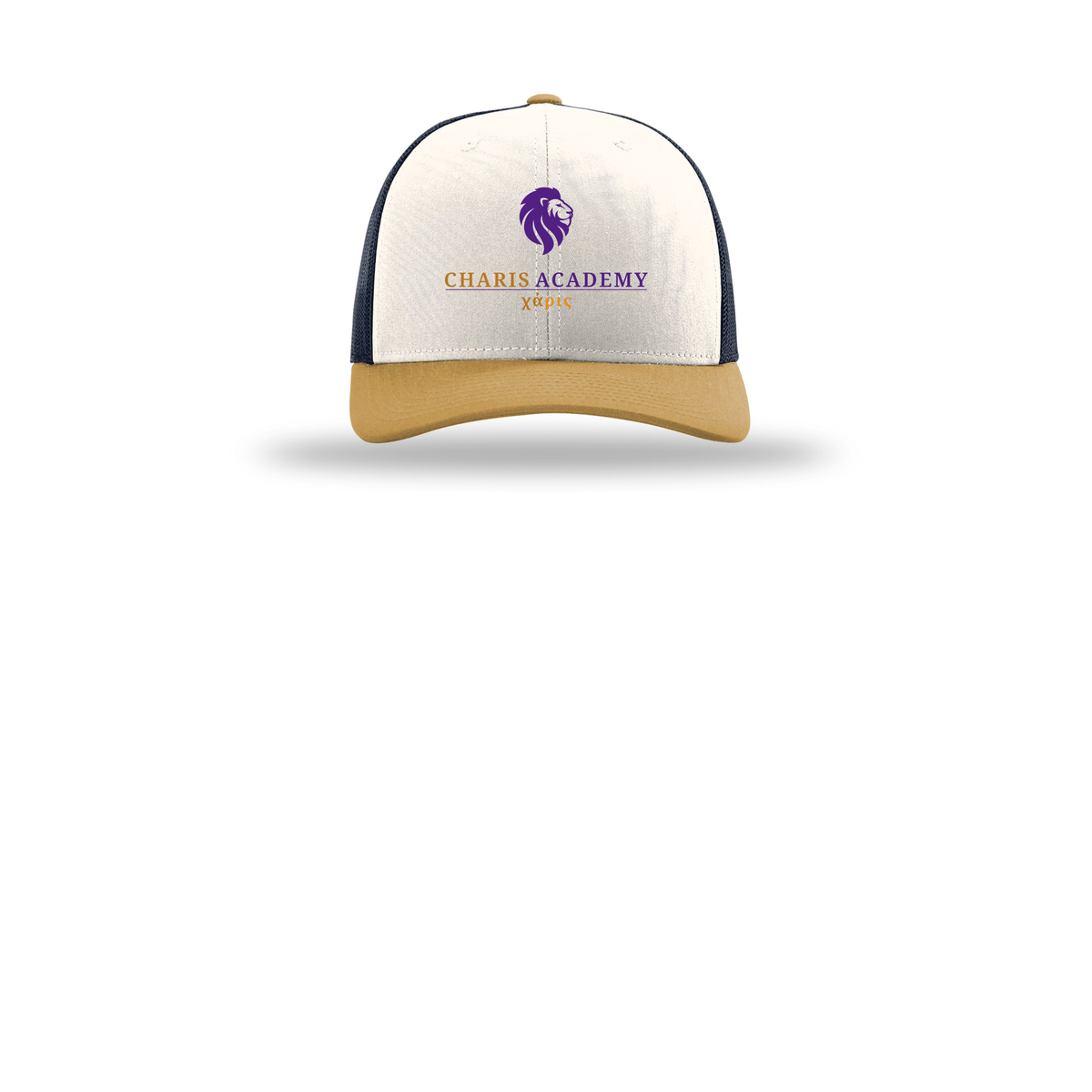 cahazleton-richardson-trucker-cap-embroidery-capfront-R112-creamnavyambergold-flat-front