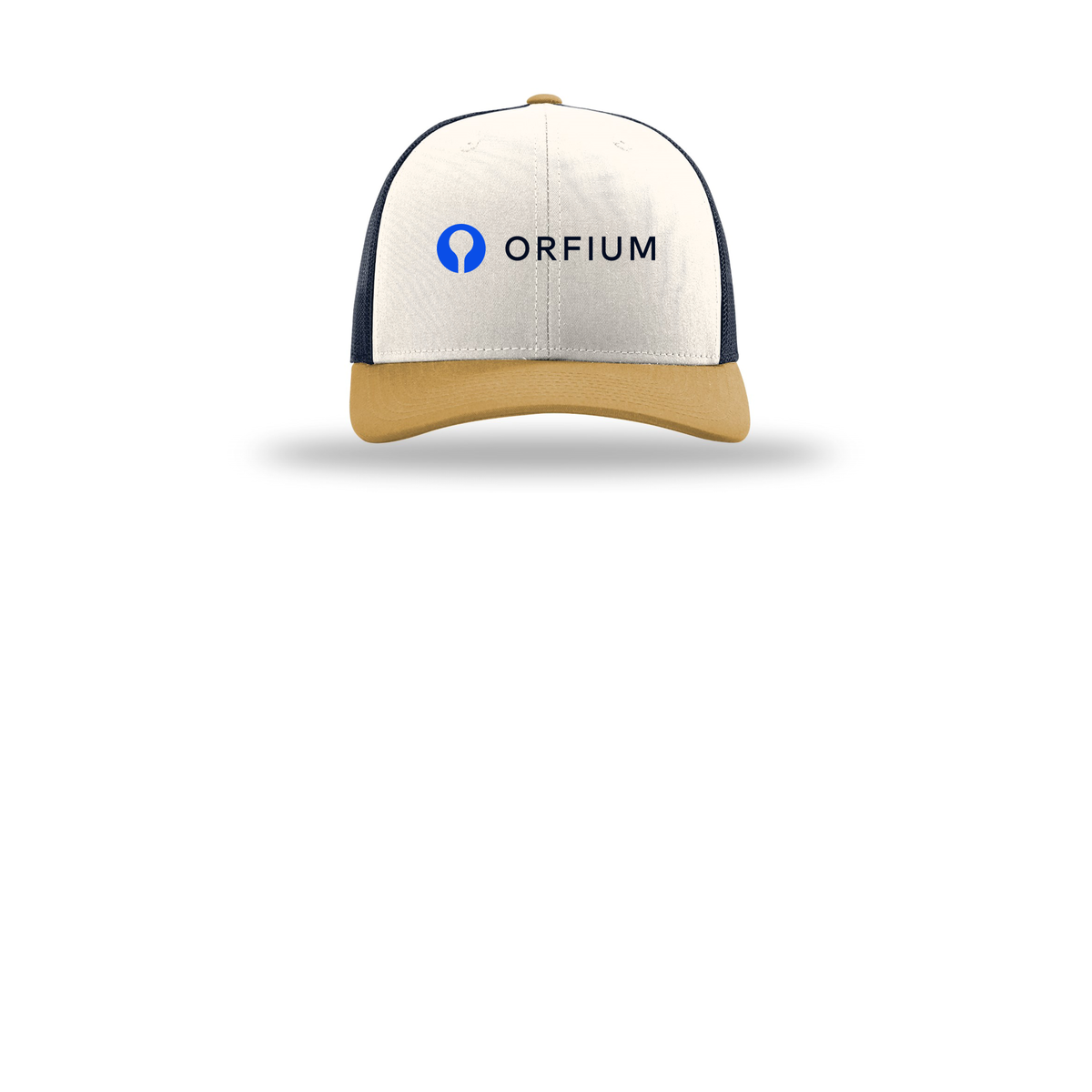 orfium-richardson-trucker-cap-embroidery-capfront-R112-creamnavyambergold-flat-front