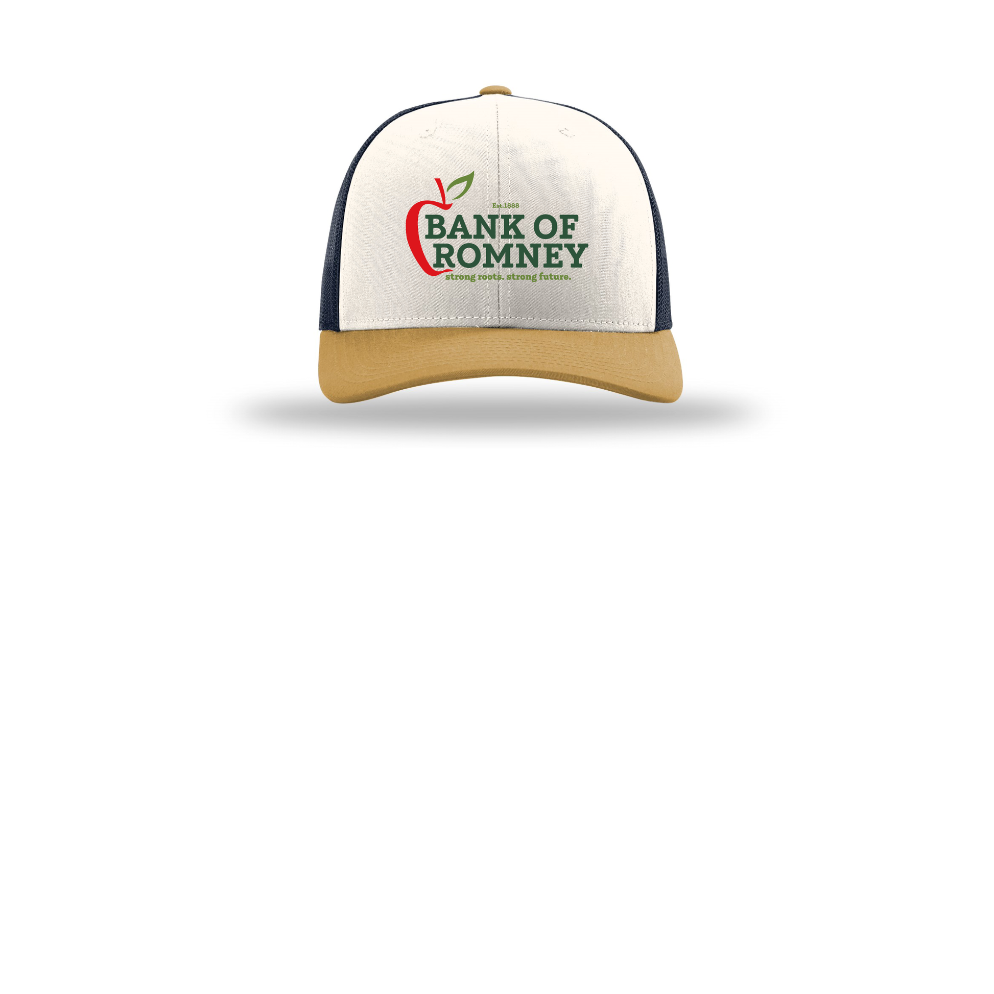 bankofromney-richardson-trucker-cap-embroidery-capfront-R112-creamnavyambergold-flat-front