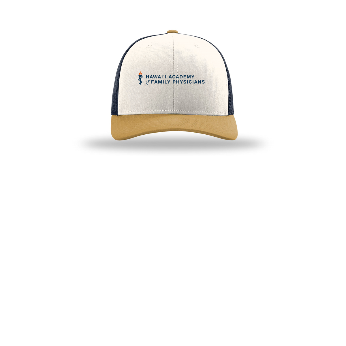 hafp-richardson-trucker-cap-embroidery-capfront-R112-creamnavyambergold-flat-front