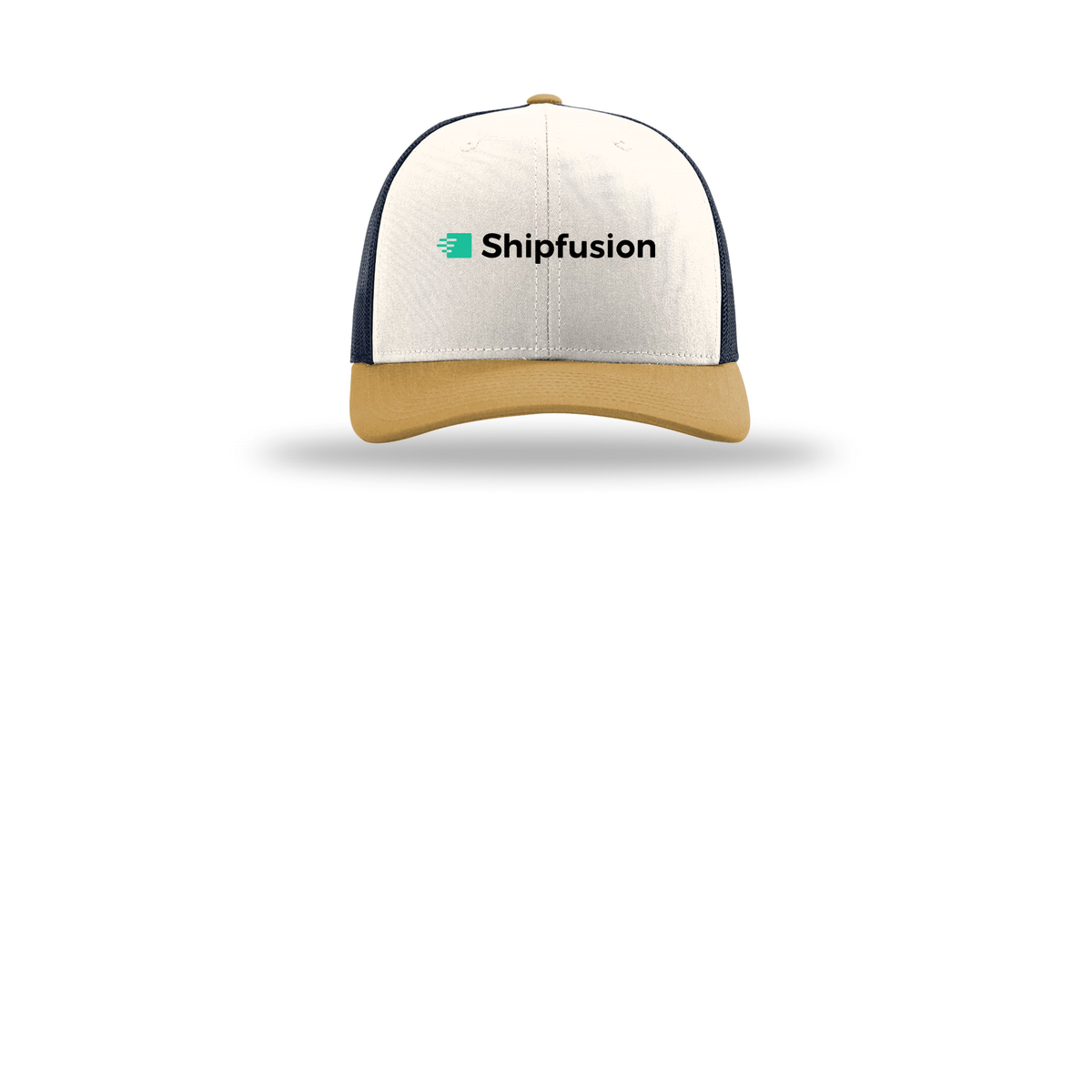 shipfusion-richardson-trucker-cap-embroidery-capfront-R112-creamnavyambergold-flat-front