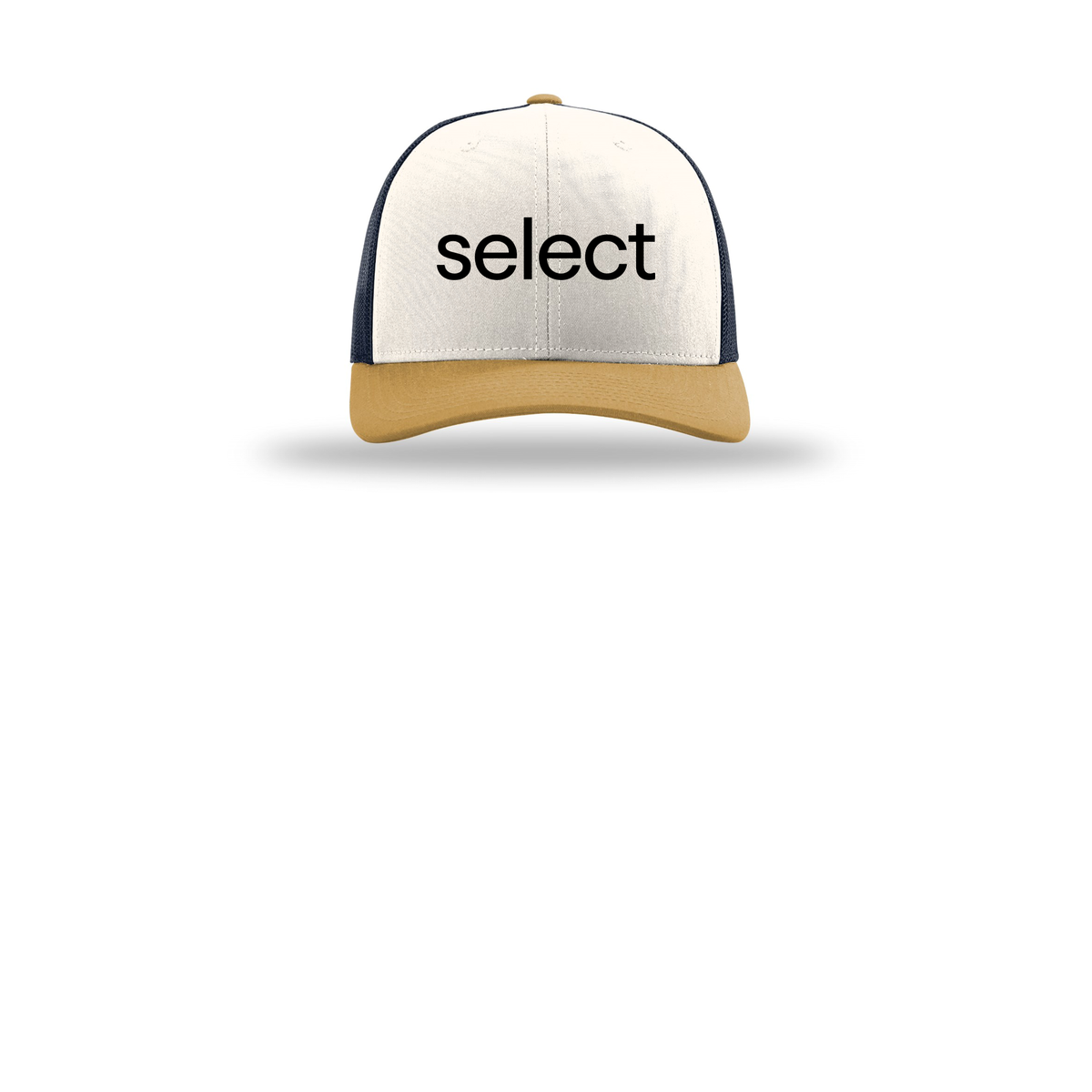 meetselect-richardson-trucker-cap-embroidery-capfront-R112-creamnavyambergold-flat-front
