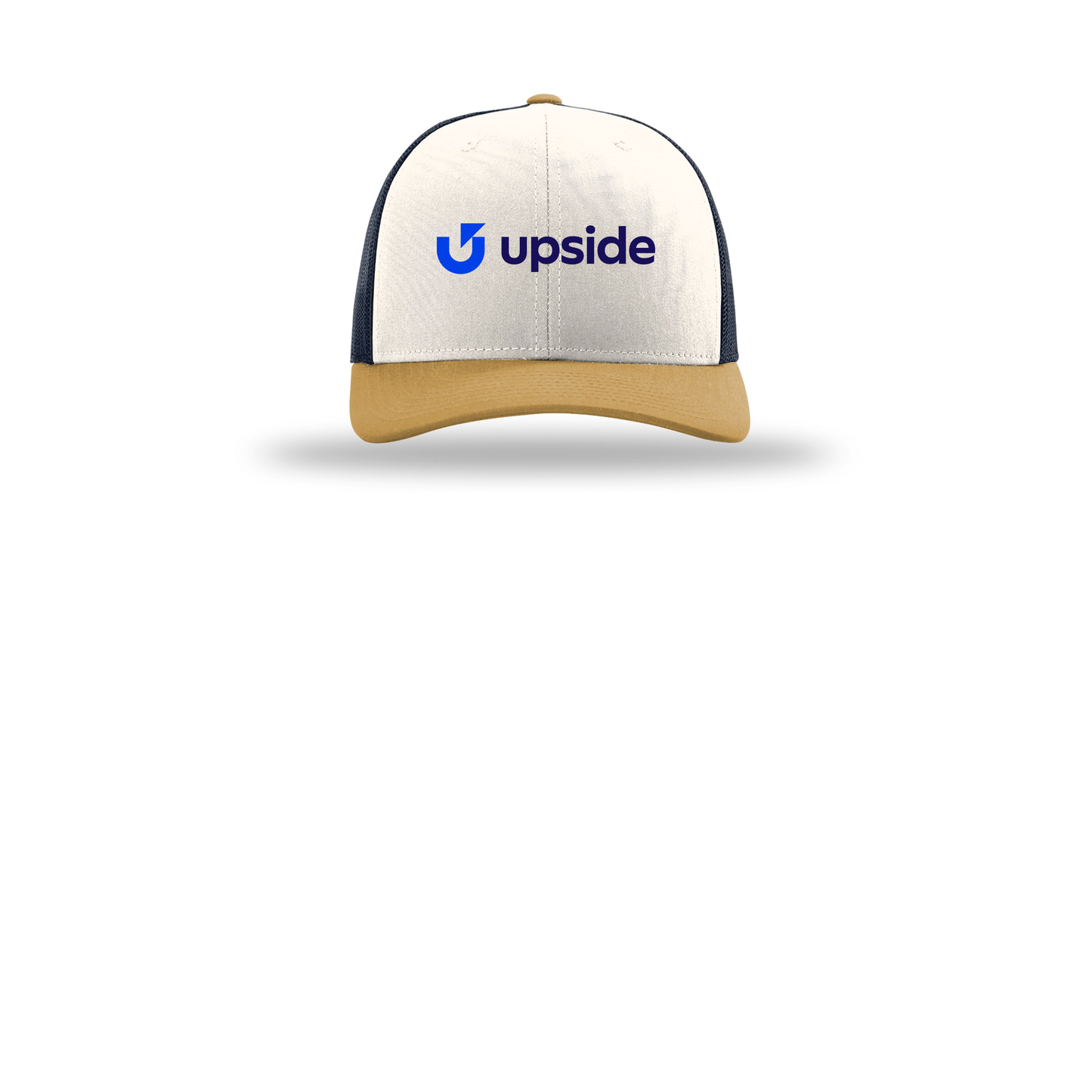 upside-richardson-trucker-cap-embroidery-capfront-R112-creamnavyambergold-flat-front