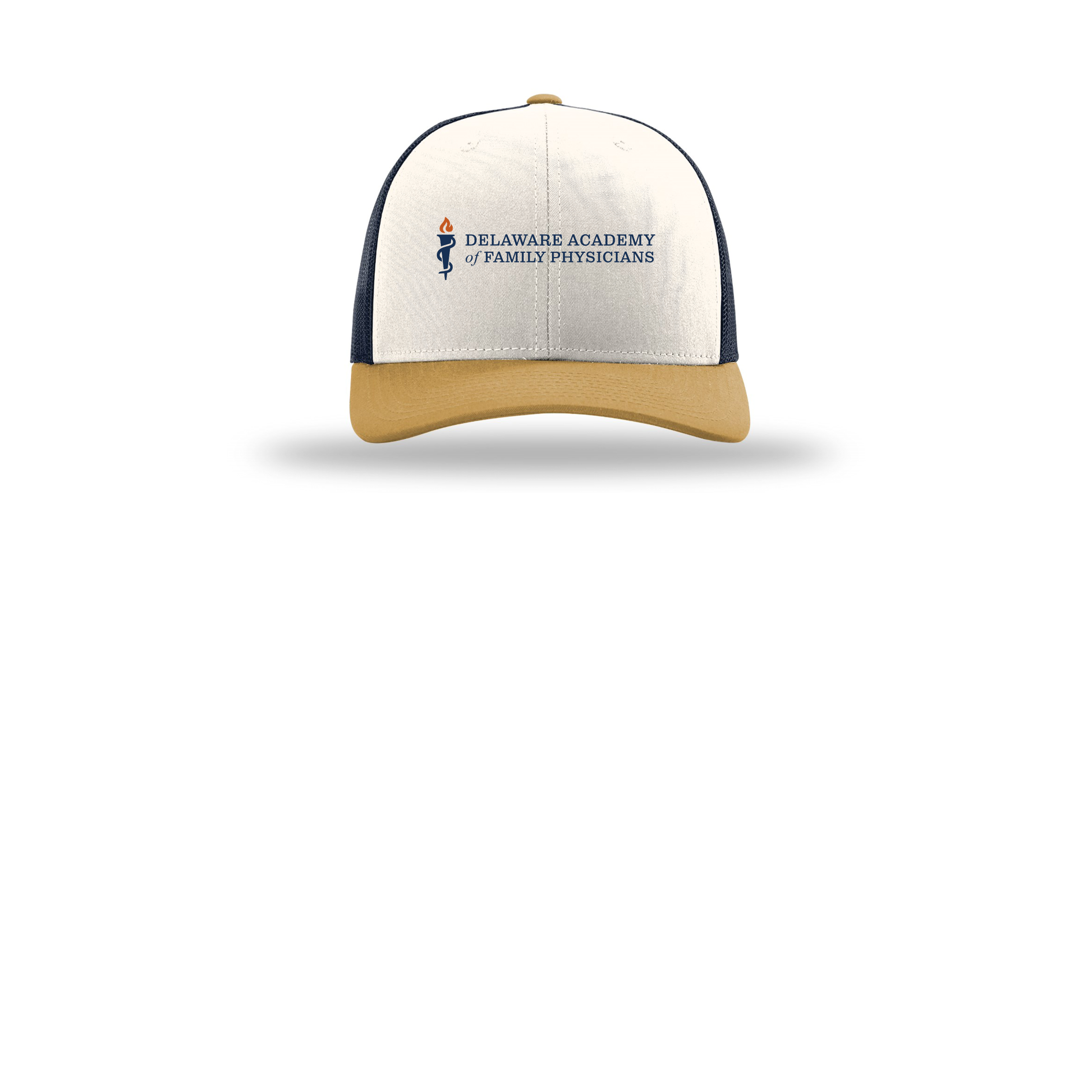 delfamdoc-richardson-trucker-cap-embroidery-capfront-R112-creamnavyambergold-flat-front