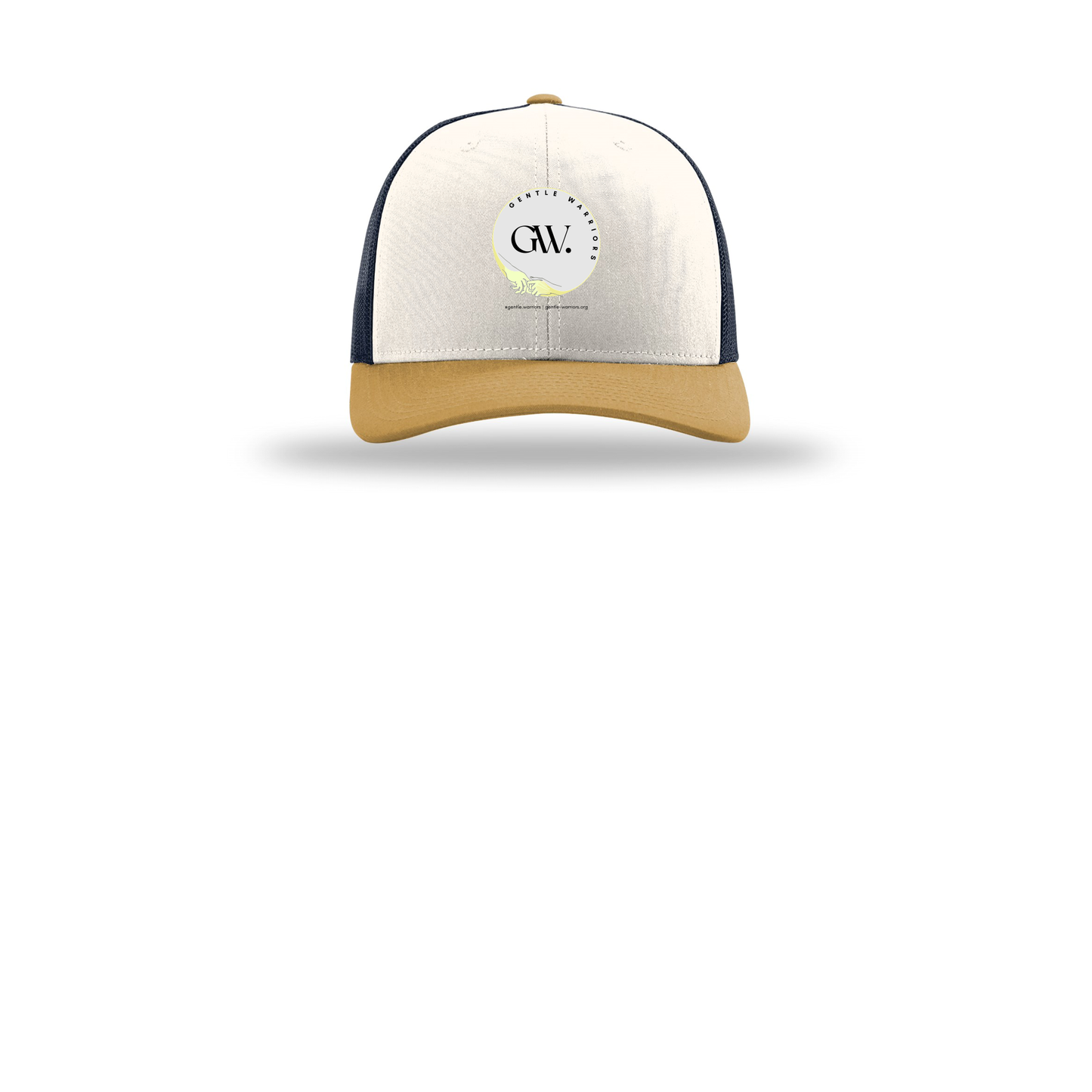 gentle-warriors-richardson-trucker-cap-embroidery-capfront-R112-creamnavyambergold-flat-front