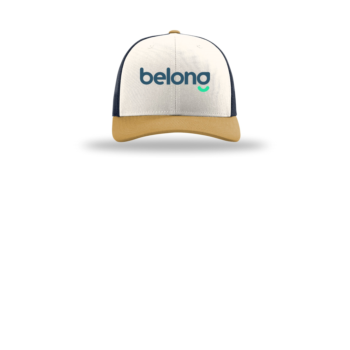 belonghome-richardson-trucker-cap-embroidery-capfront-R112-creamnavyambergold-flat-front