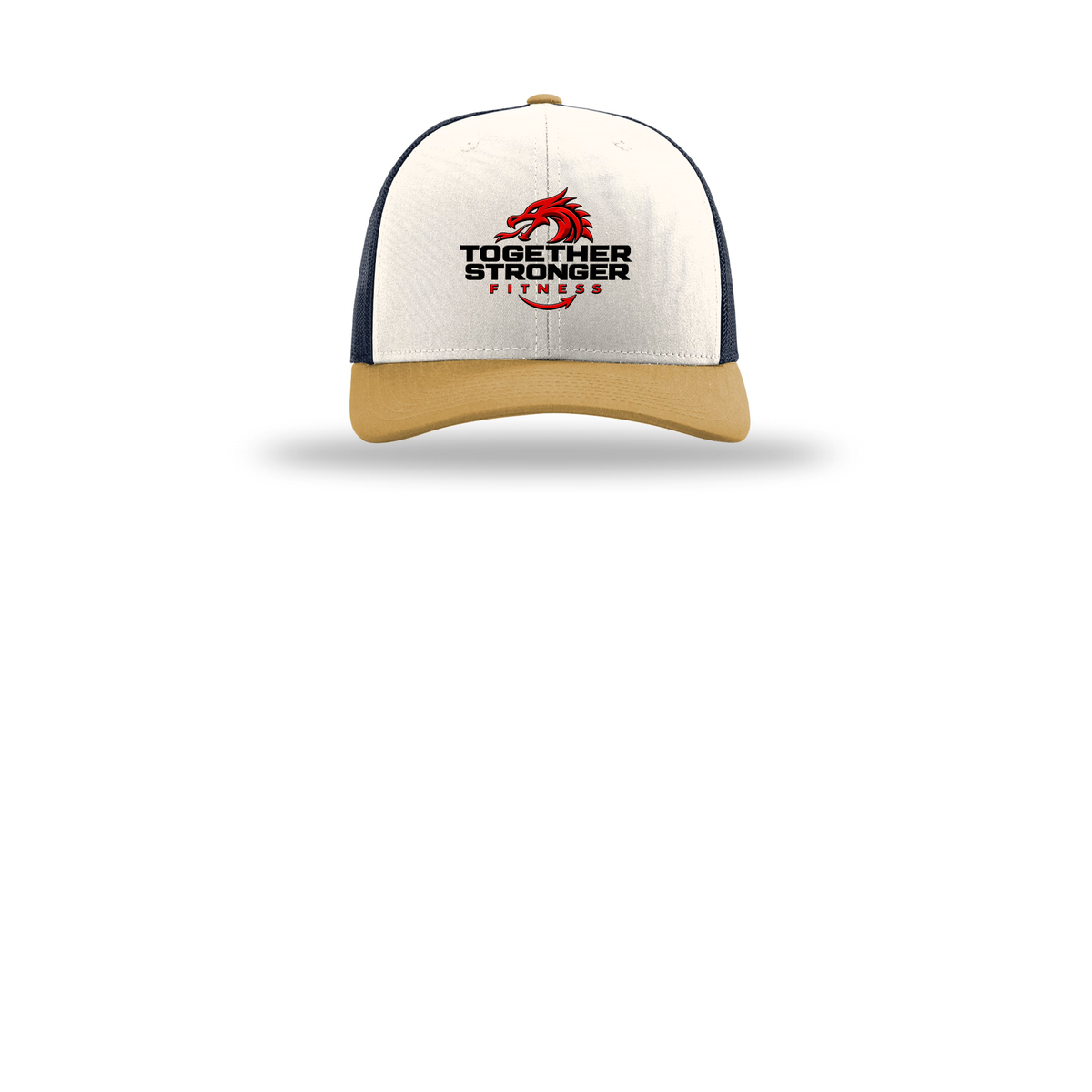 togetherstrongerfitness-richardson-trucker-cap-embroidery-capfront-R112-creamnavyambergold-flat-front