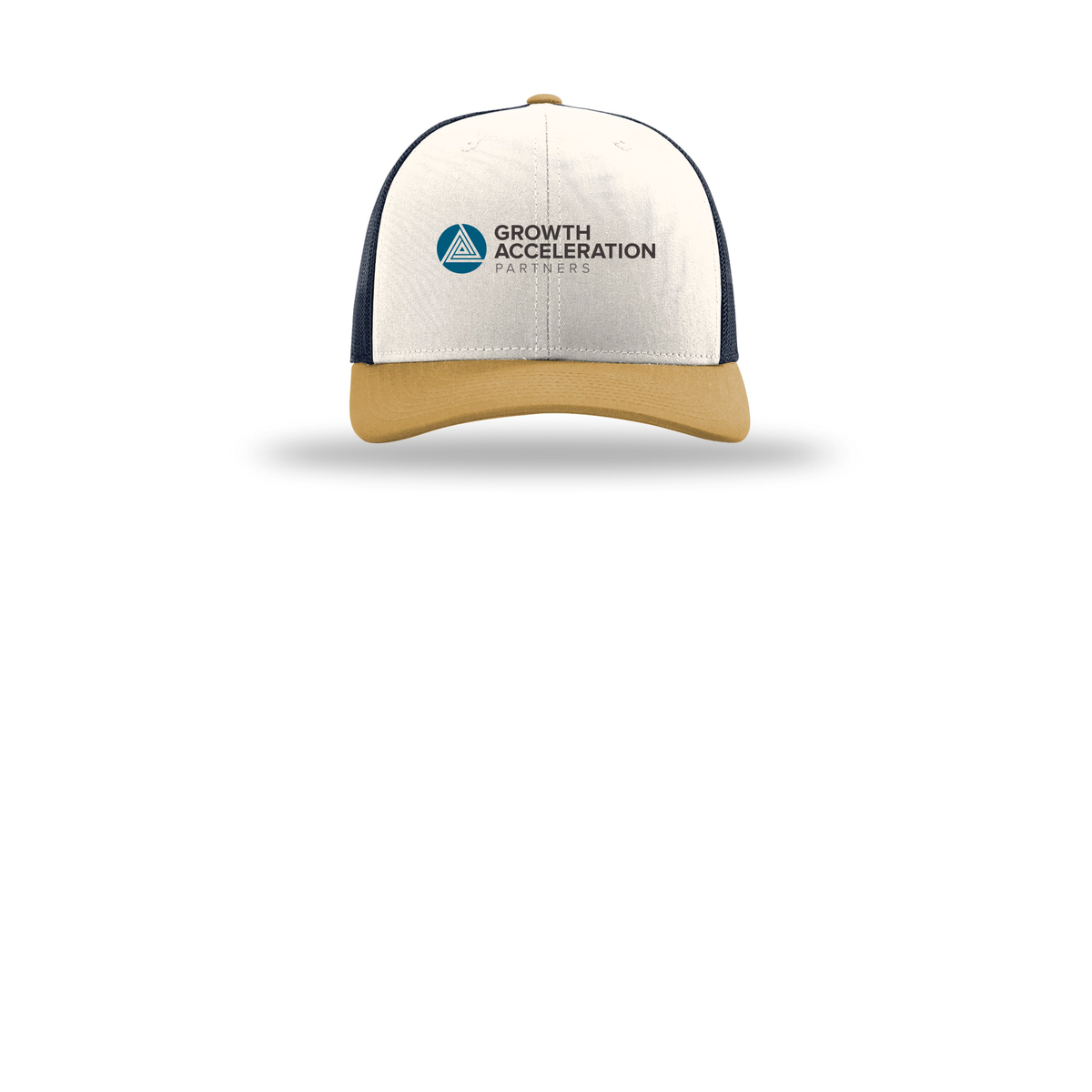 growthaccelerationpartners-richardson-trucker-cap-embroidery-capfront-R112-creamnavyambergold-flat-front