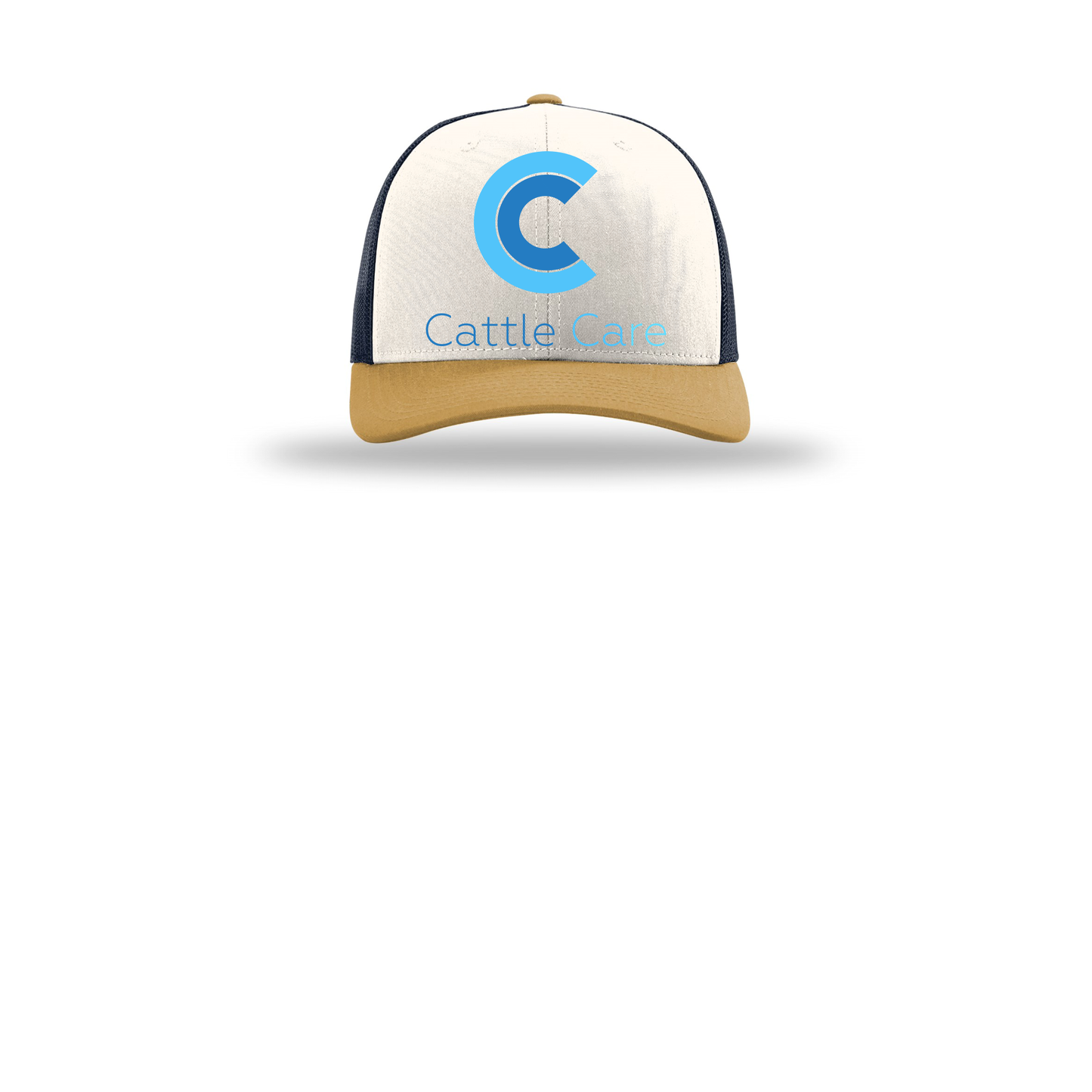 cattle-care-richardson-trucker-cap-embroidery-capfront-R112-creamnavyambergold-flat-front