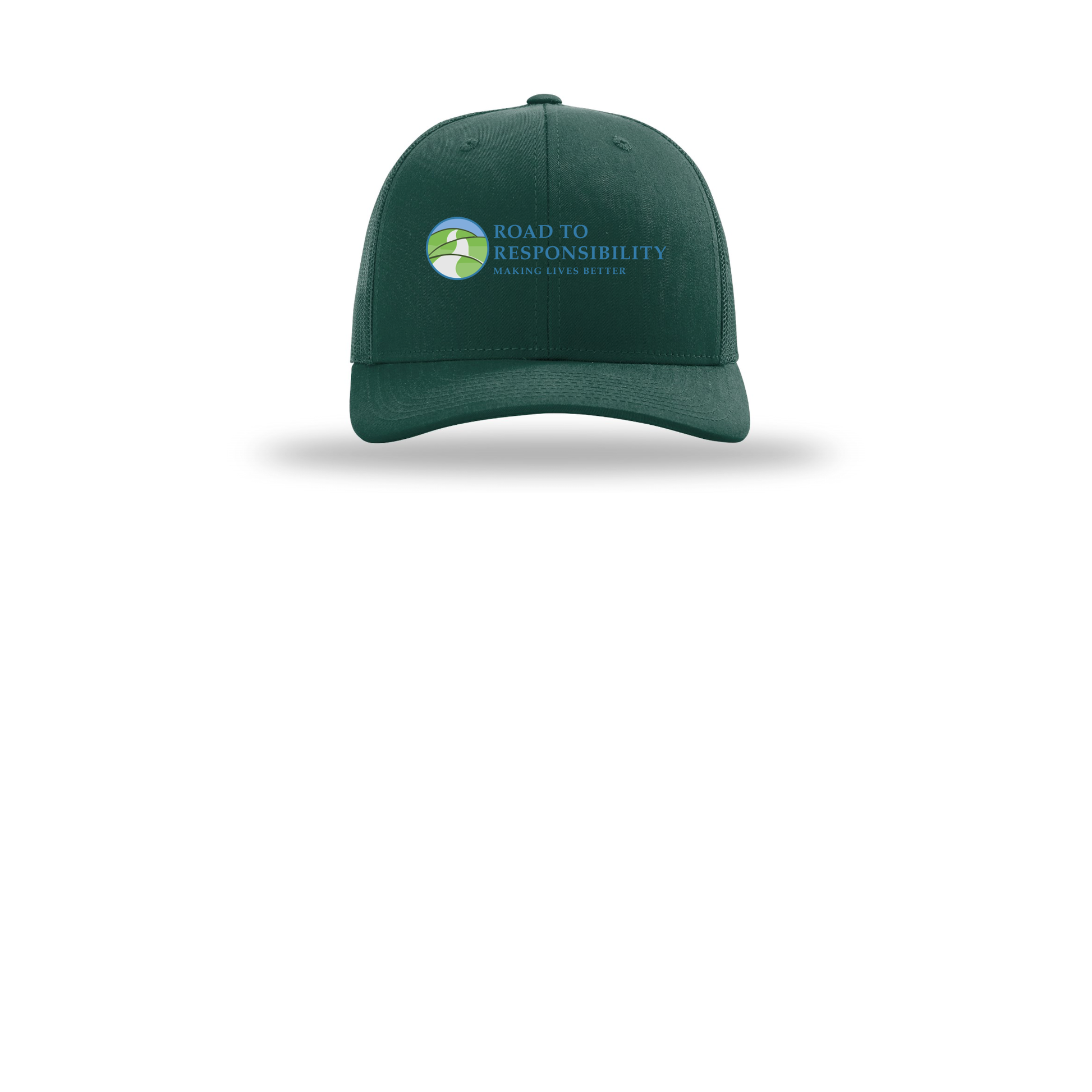 roadtoresponsibility-richardson-trucker-cap-embroidery-capfront-R112-darkgreen-flat-front