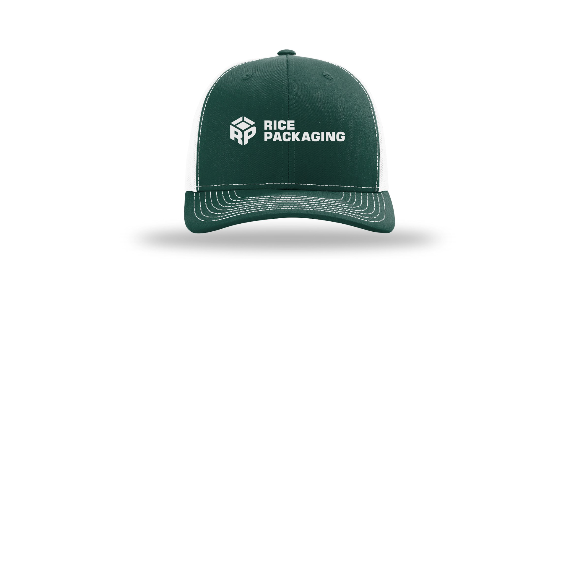 ricepackaging-richardson-trucker-cap-embroidery-capfront-R112-darkgreenwhite-flat-front