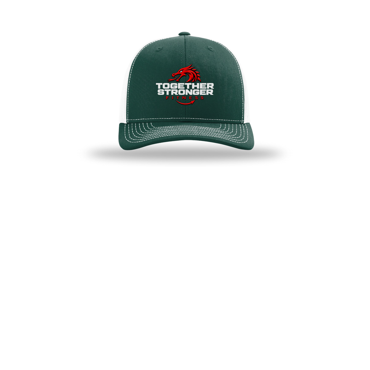 togetherstrongerfitness-richardson-trucker-cap-embroidery-capfront-R112-darkgreenwhite-flat-front