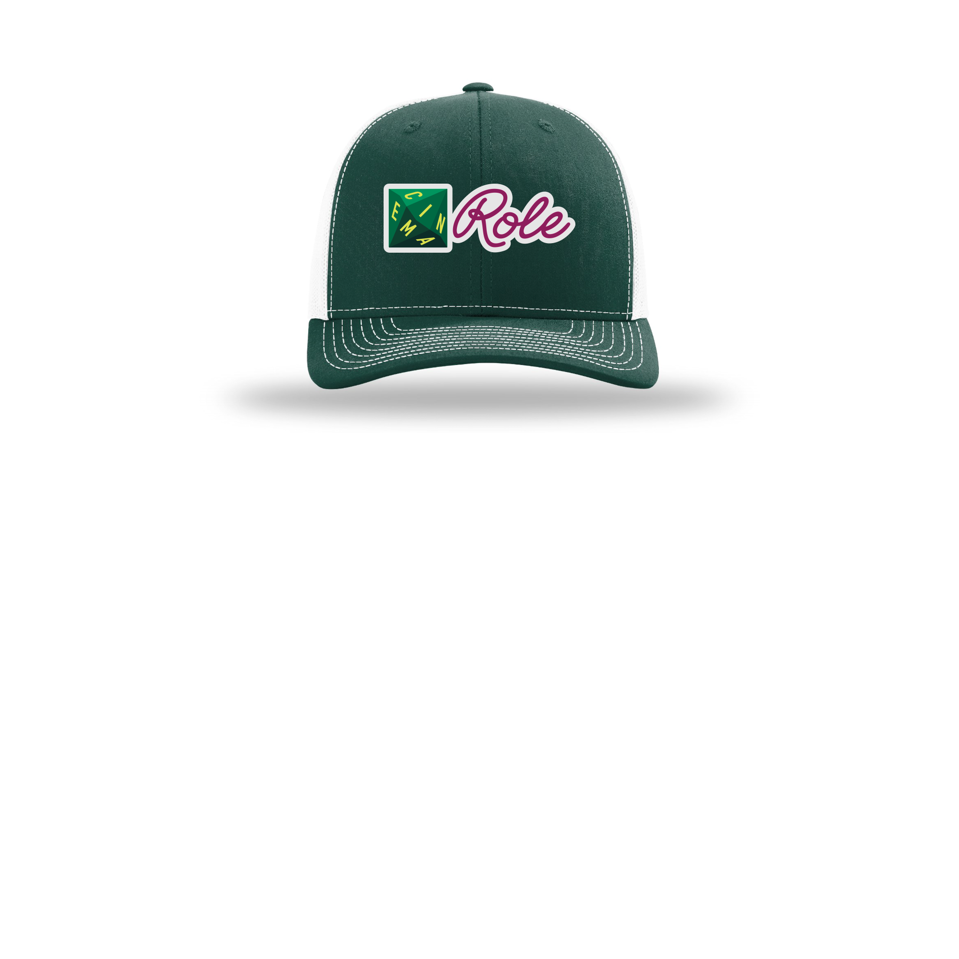 cinemarole-richardson-trucker-cap-embroidery-capfront-R112-darkgreenwhite-flat-front