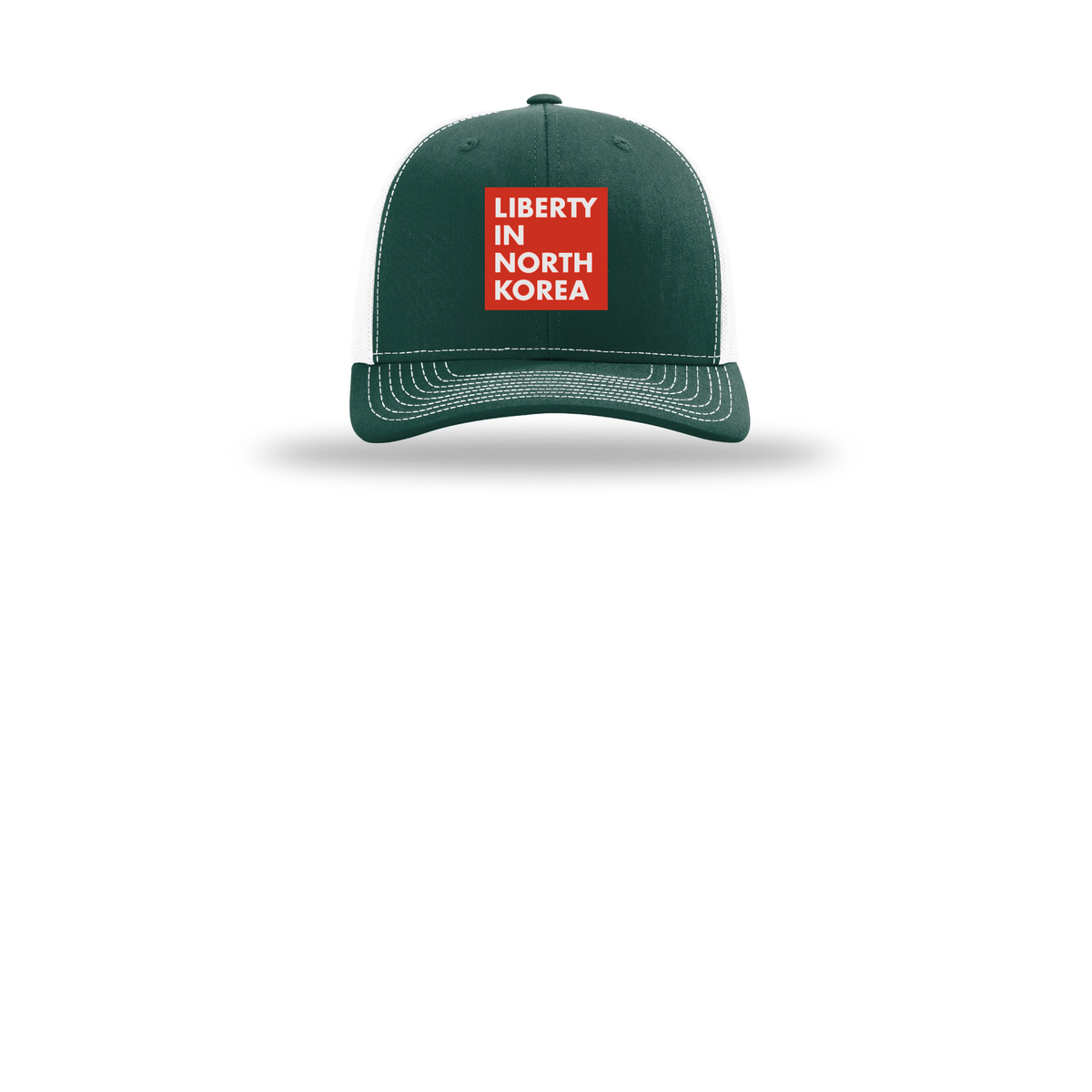 libertyinnorthkorea-richardson-trucker-cap-embroidery-capfront-R112-darkgreenwhite-flat-front