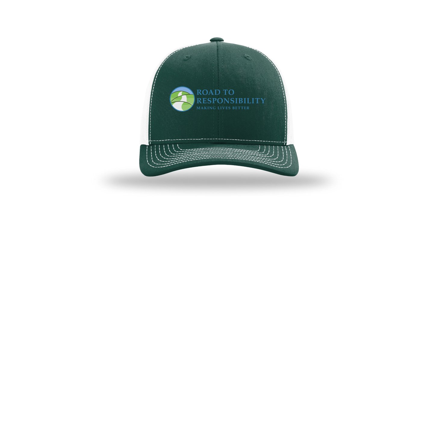 roadtoresponsibility-richardson-trucker-cap-embroidery-capfront-R112-darkgreenwhite-flat-front