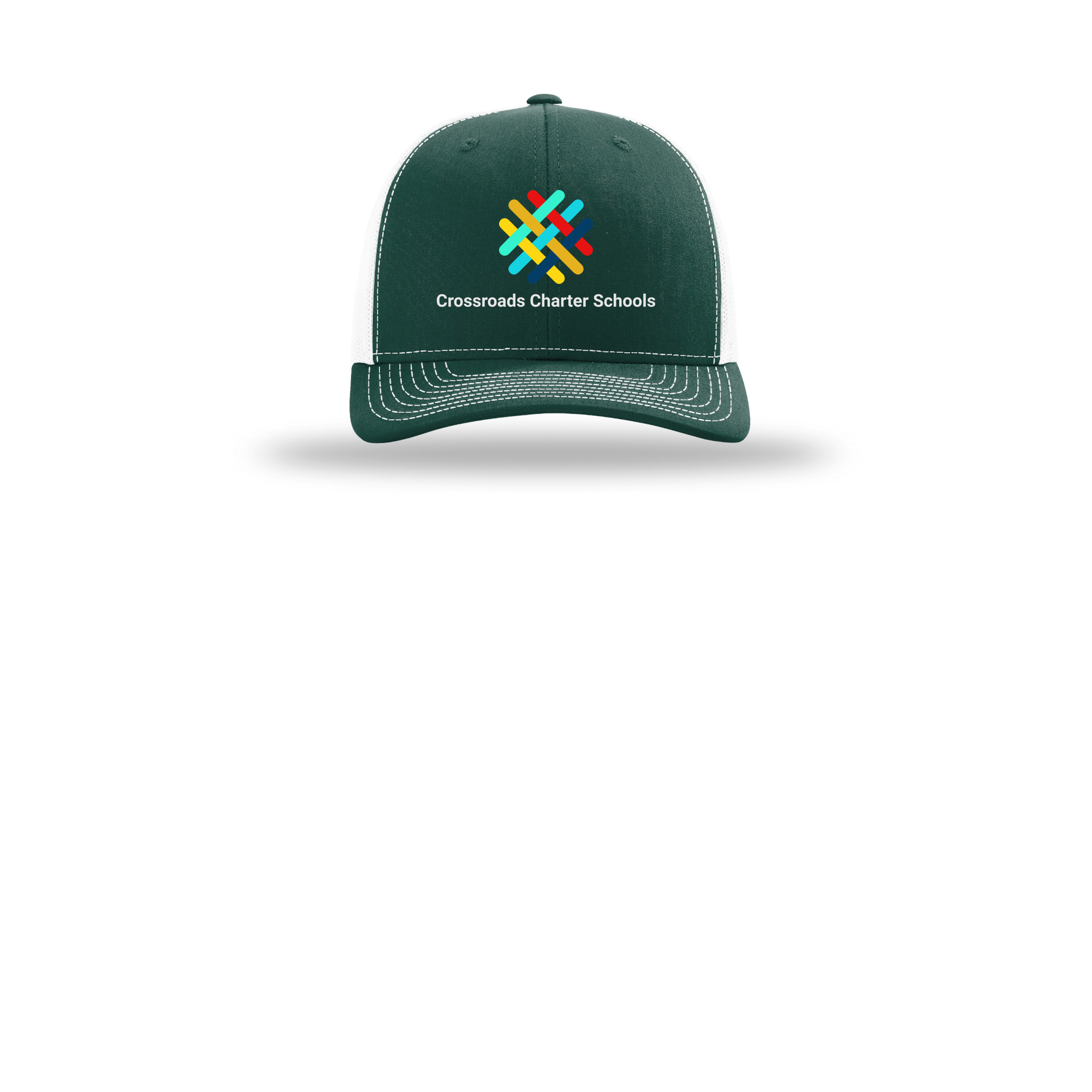 crossroadsschoolskc-richardson-trucker-cap-embroidery-capfront-R112-darkgreenwhite-flat-front
