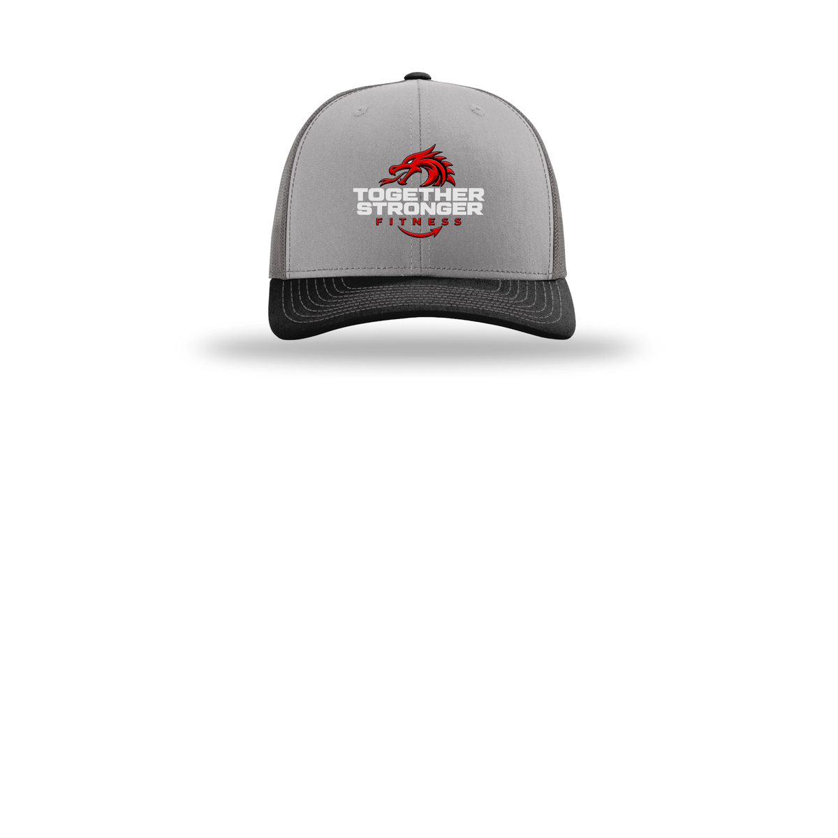 togetherstrongerfitness-richardson-trucker-cap-embroidery-capfront-R112-greycharcoalblack-flat-front