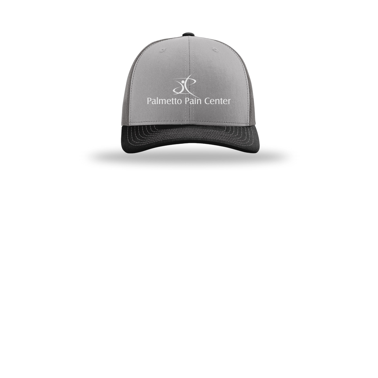 palmetto-pain-center-richardson-trucker-cap-embroidery-capfront-R112-greycharcoalblack-flat-front